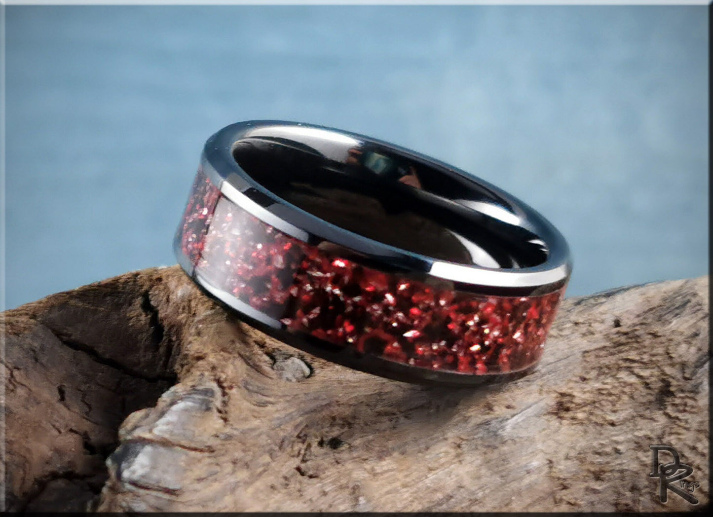 Polished Black Ceramic Channel Ring w/Carbon Red German Glass inlay - ceramic ring