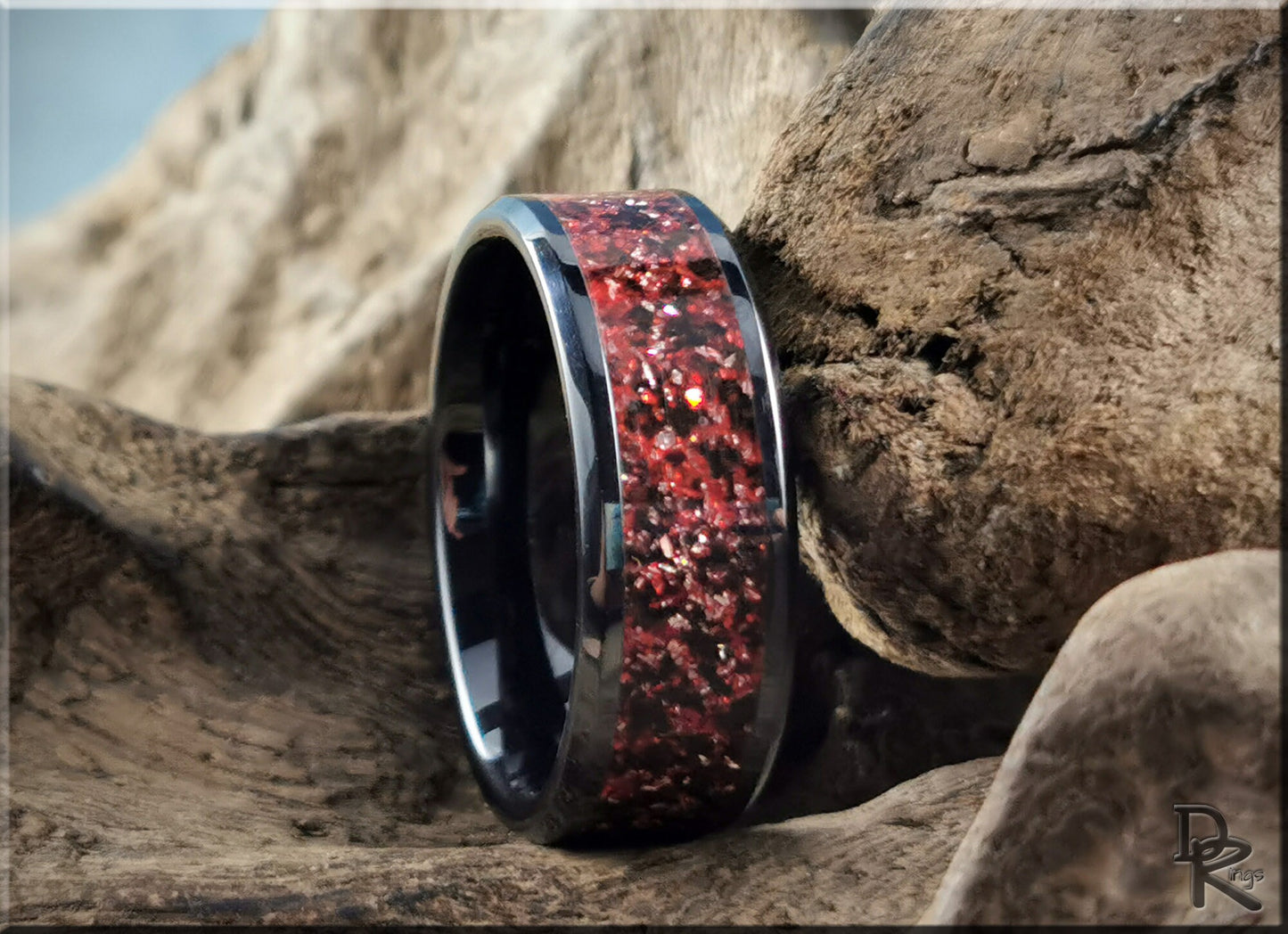 Polished Black Ceramic Channel Ring w/Carbon Red German Glass inlay - ceramic ring