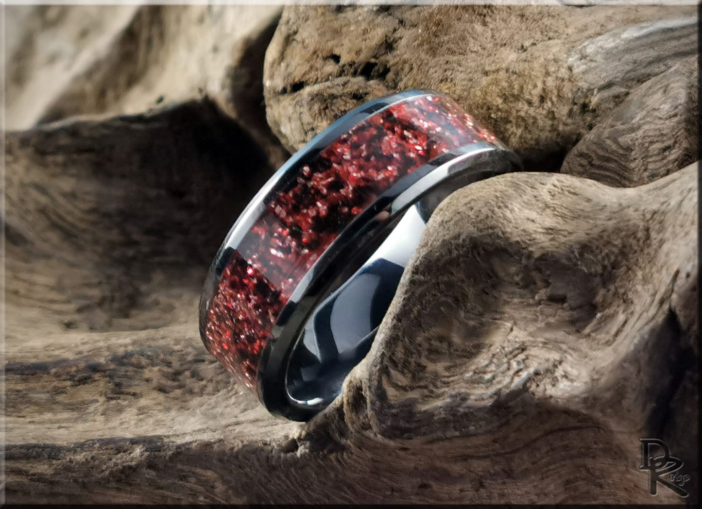 Polished Black Ceramic Channel Ring w/Carbon Red German Glass inlay - ceramic ring