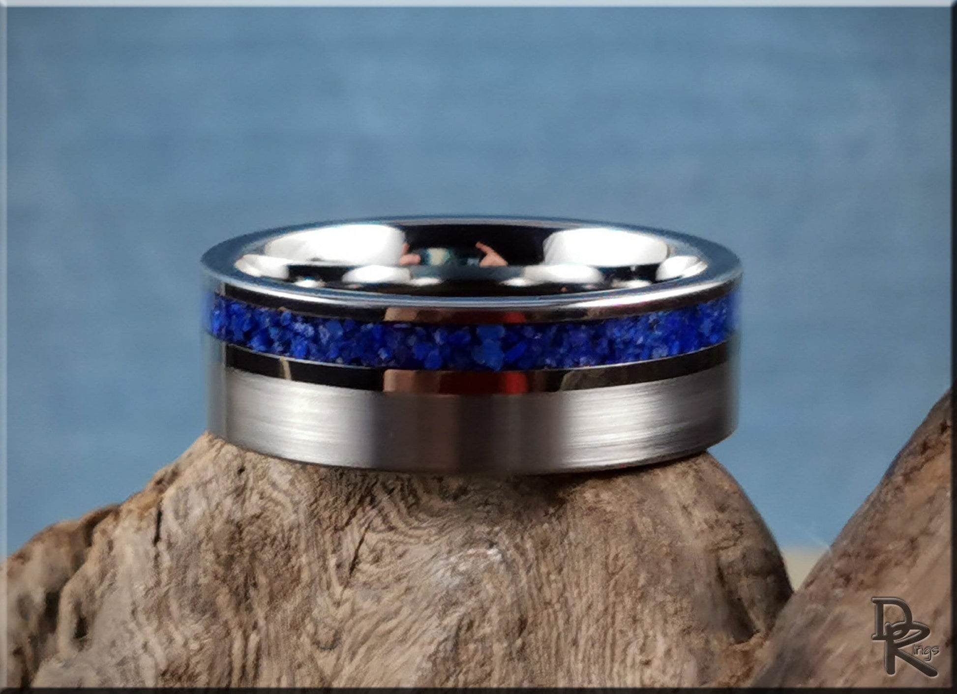 Tungsten Carbide Channel Ring w/offset Lapis Lazuli stone inlay - metal ring