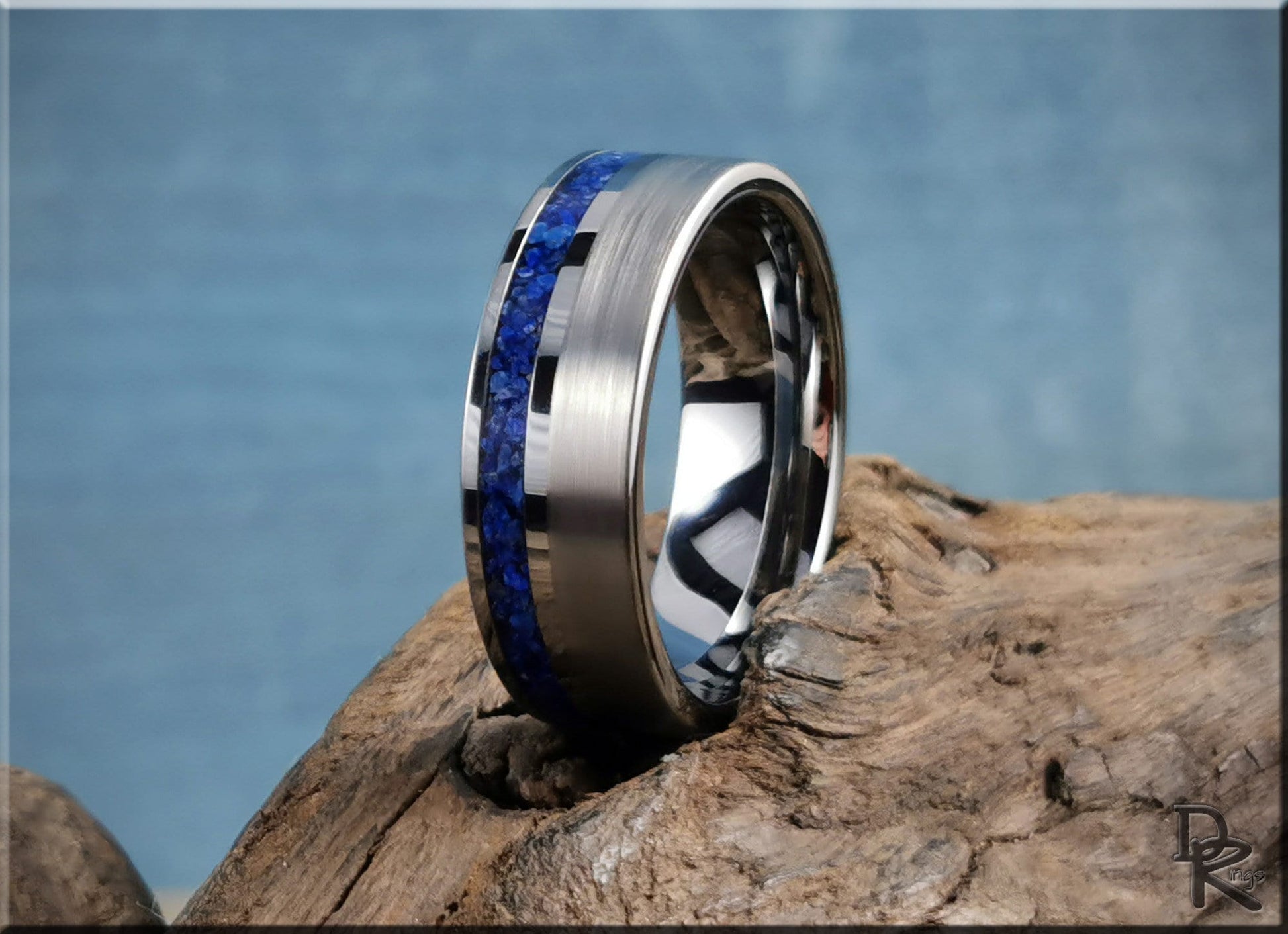 Tungsten Carbide Channel Ring w/offset Lapis Lazuli stone inlay - metal ring