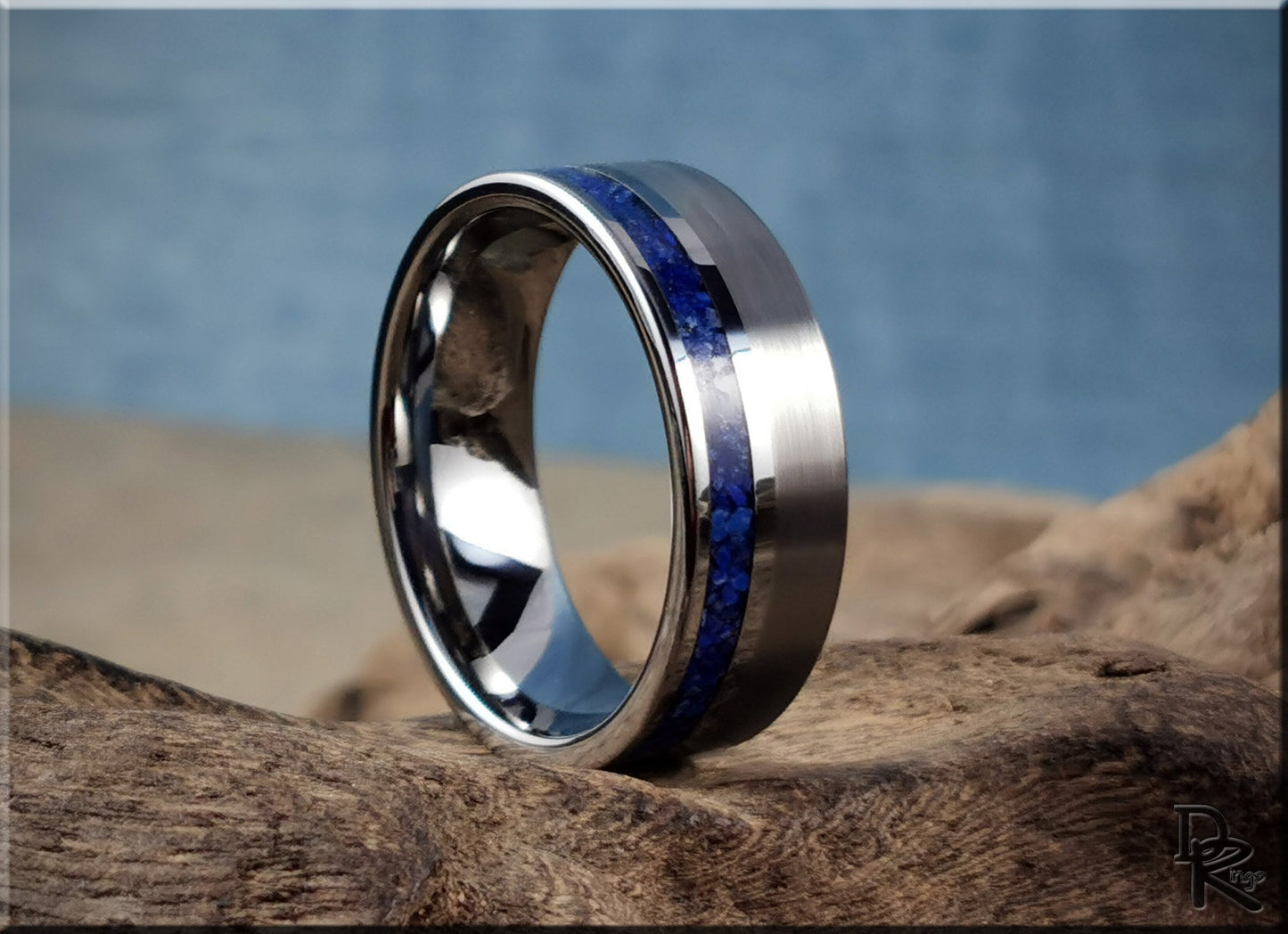 Tungsten Carbide Channel Ring w/offset Lapis Lazuli stone inlay - metal ring
