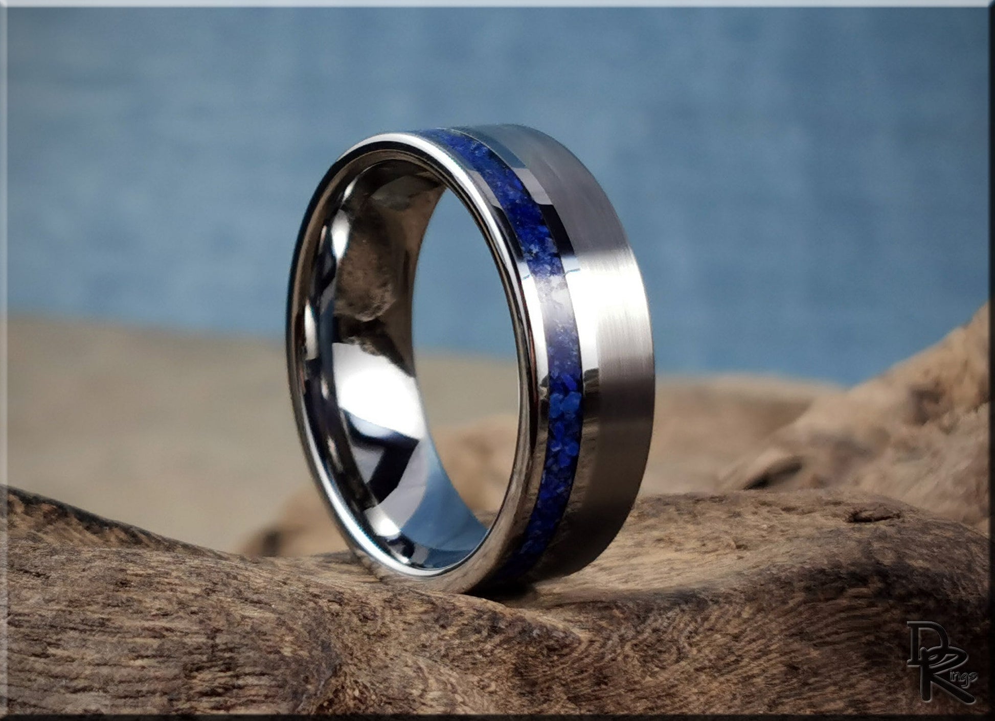 Tungsten Carbide Channel Ring w/offset Lapis Lazuli stone inlay - metal ring