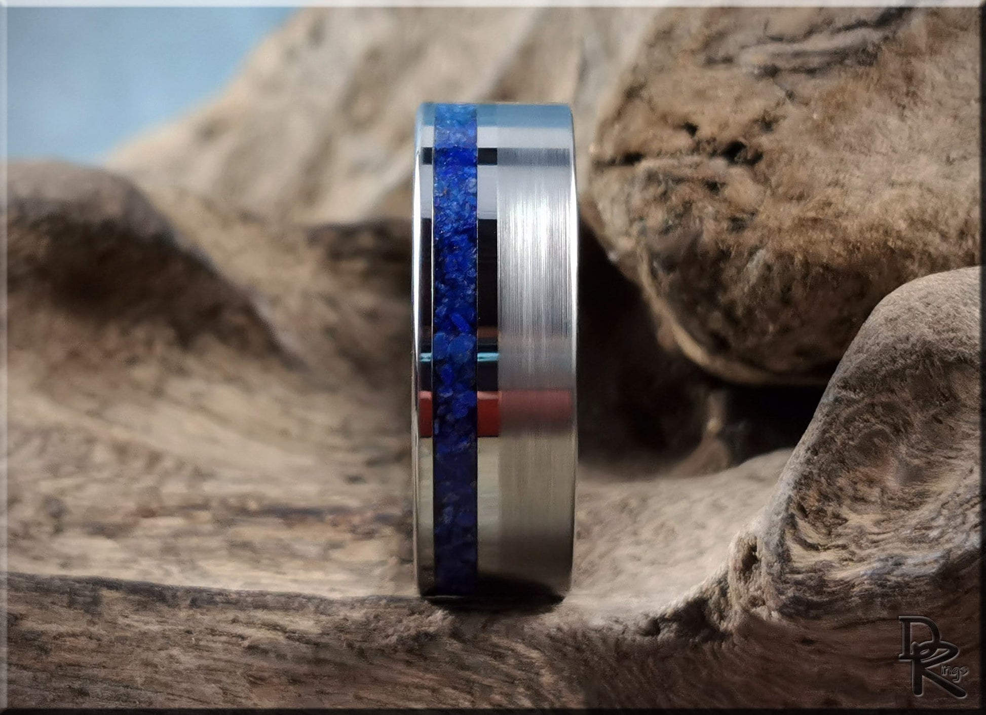Tungsten Carbide Channel Ring w/offset Lapis Lazuli stone inlay - metal ring