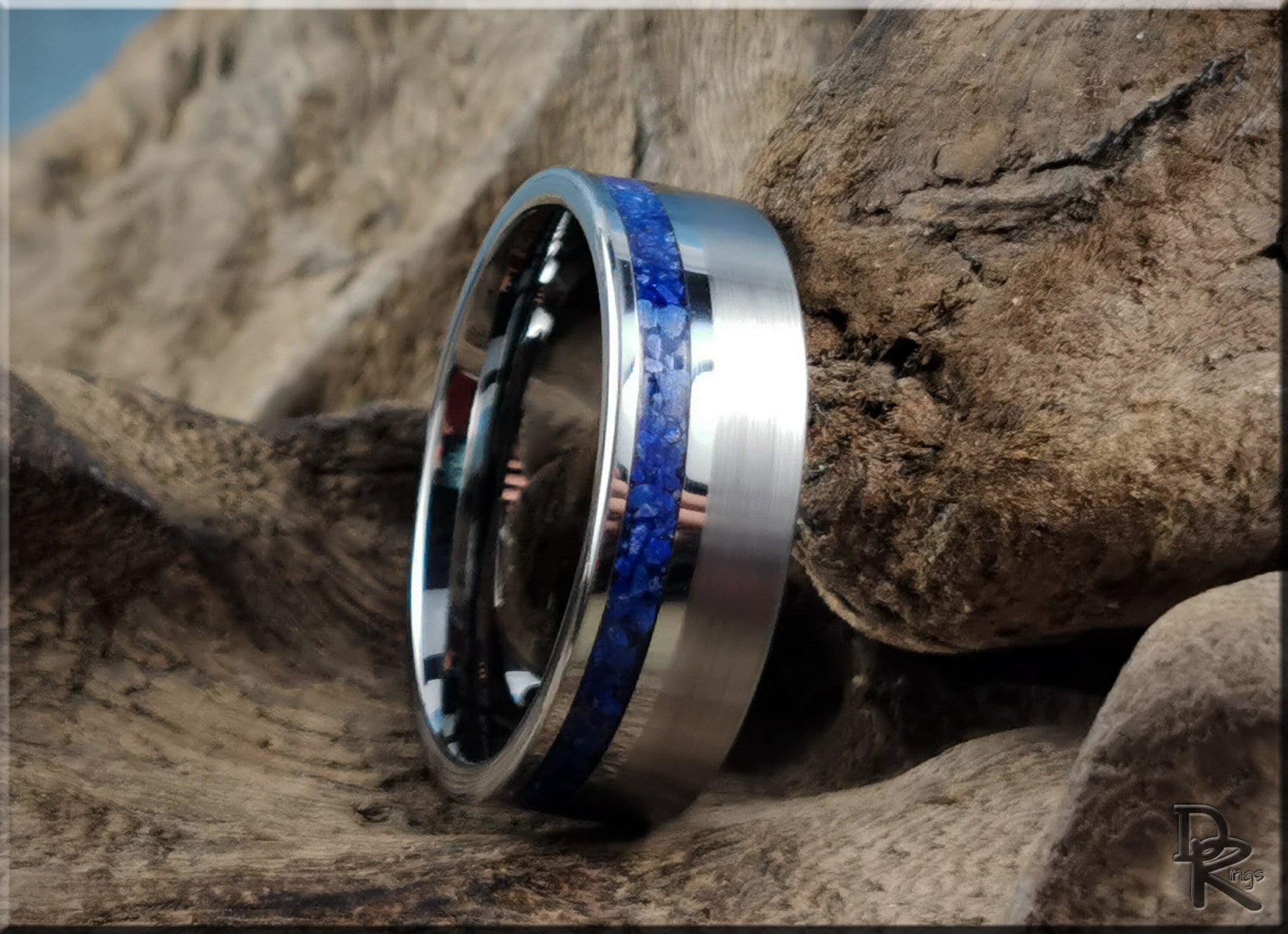 Tungsten Carbide Channel Ring w/offset Lapis Lazuli stone inlay - metal ring
