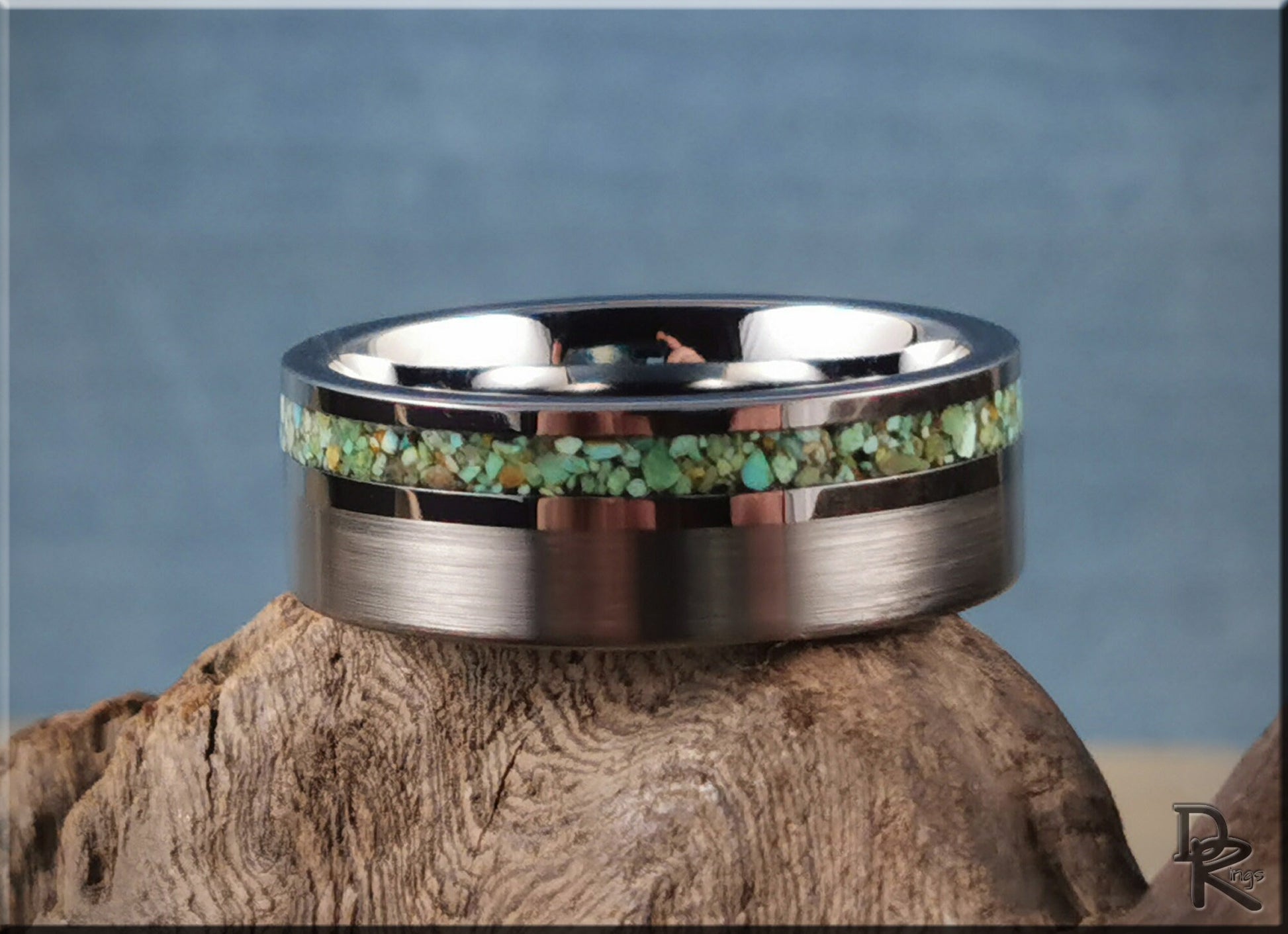 Tungsten Carbide Channel Ring w/offset Green Turquoise stone inlay - metal ring