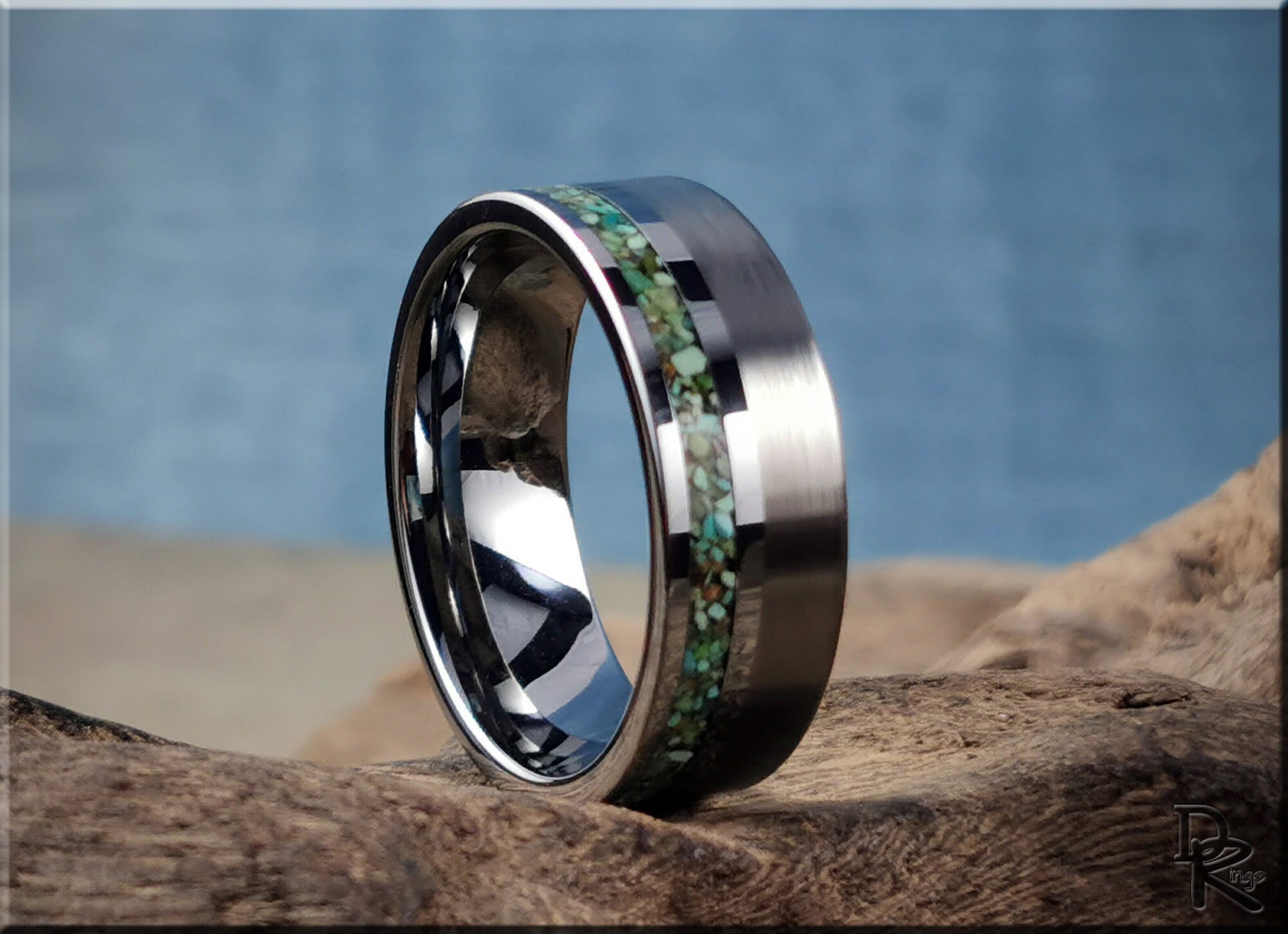 Tungsten Carbide Channel Ring w/offset Green Turquoise stone inlay - metal ring