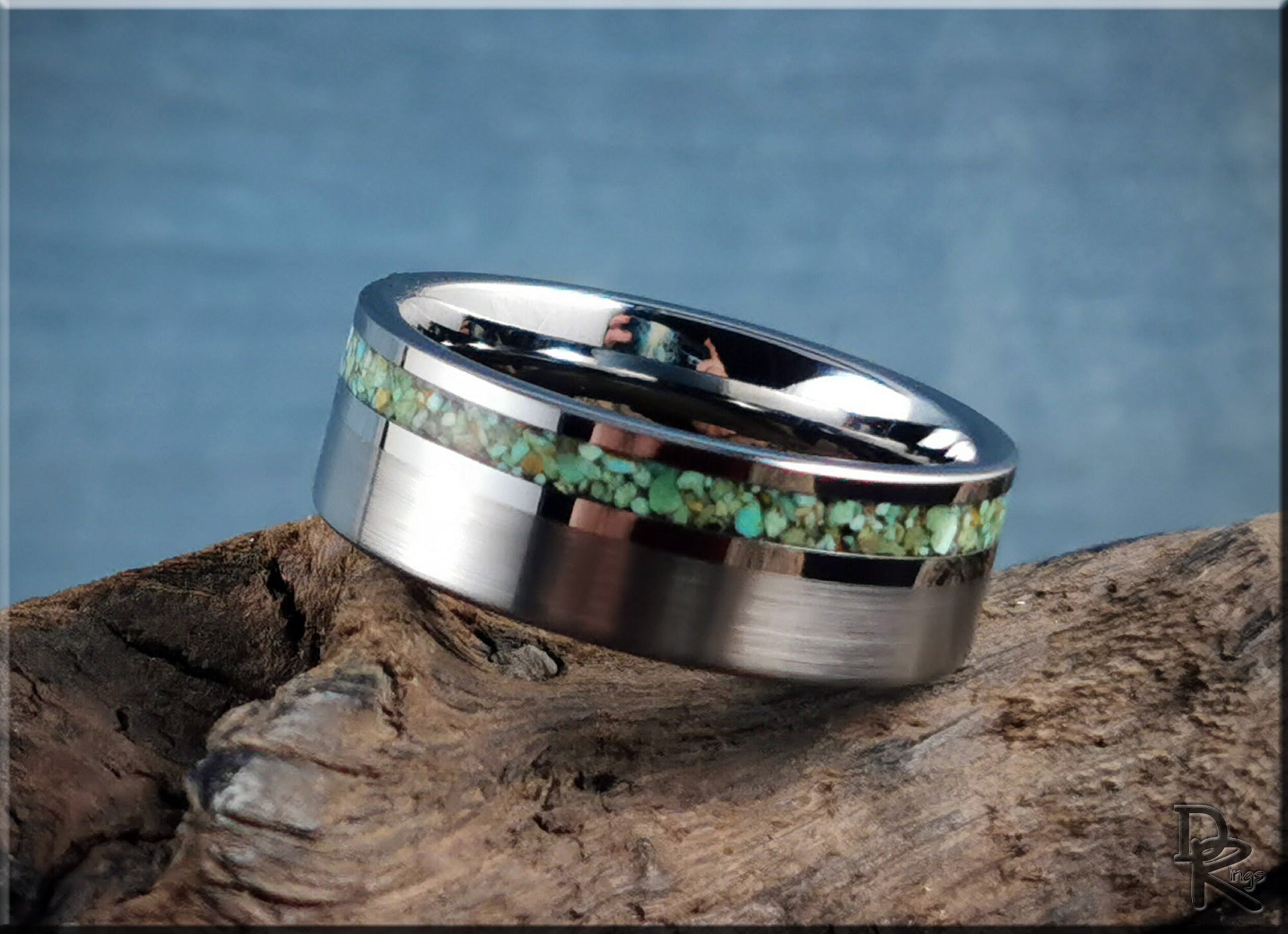 Tungsten Carbide Channel Ring w/offset Green Turquoise stone inlay - metal ring
