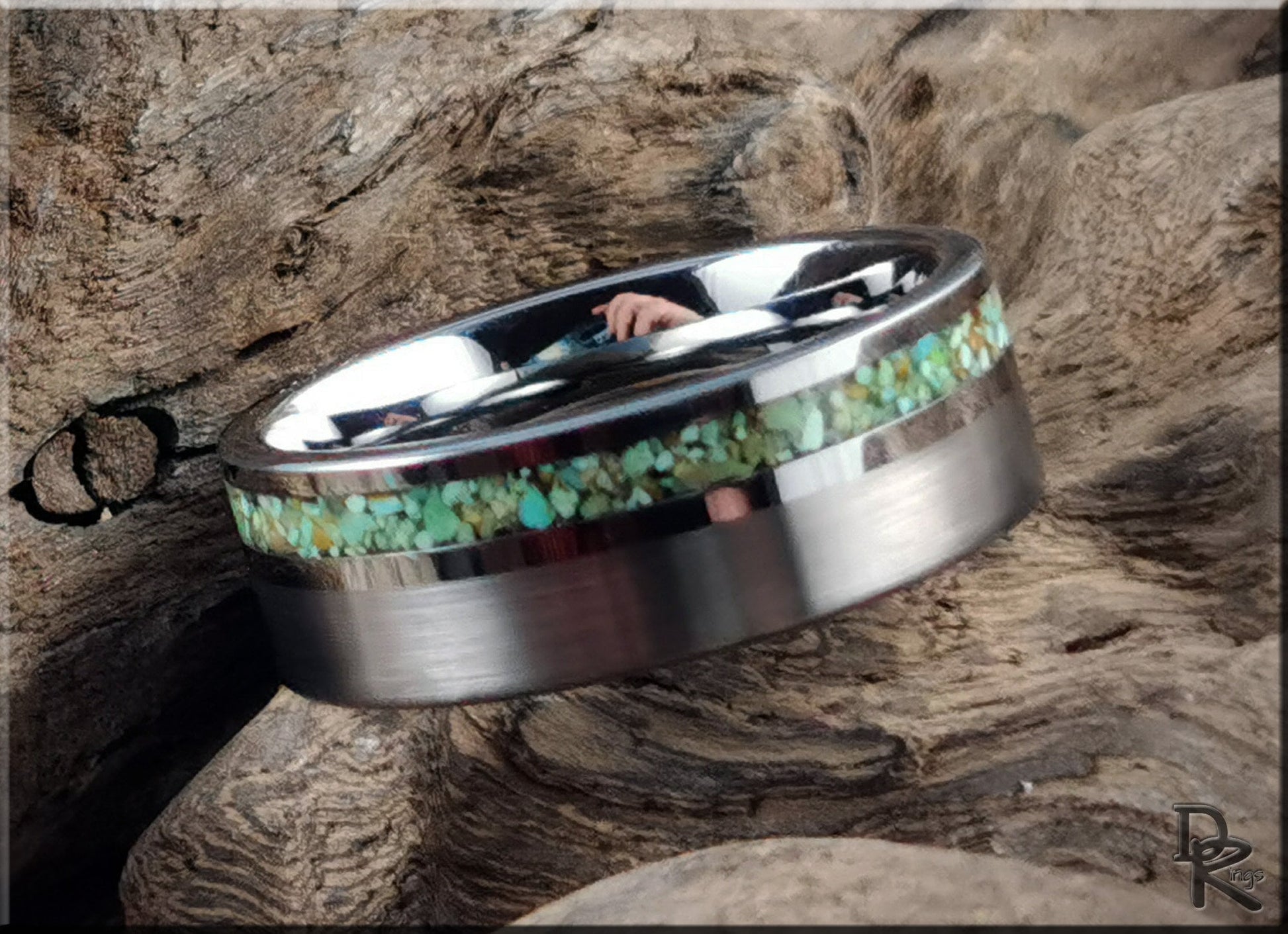 Tungsten Carbide Channel Ring w/offset Green Turquoise stone inlay - metal ring