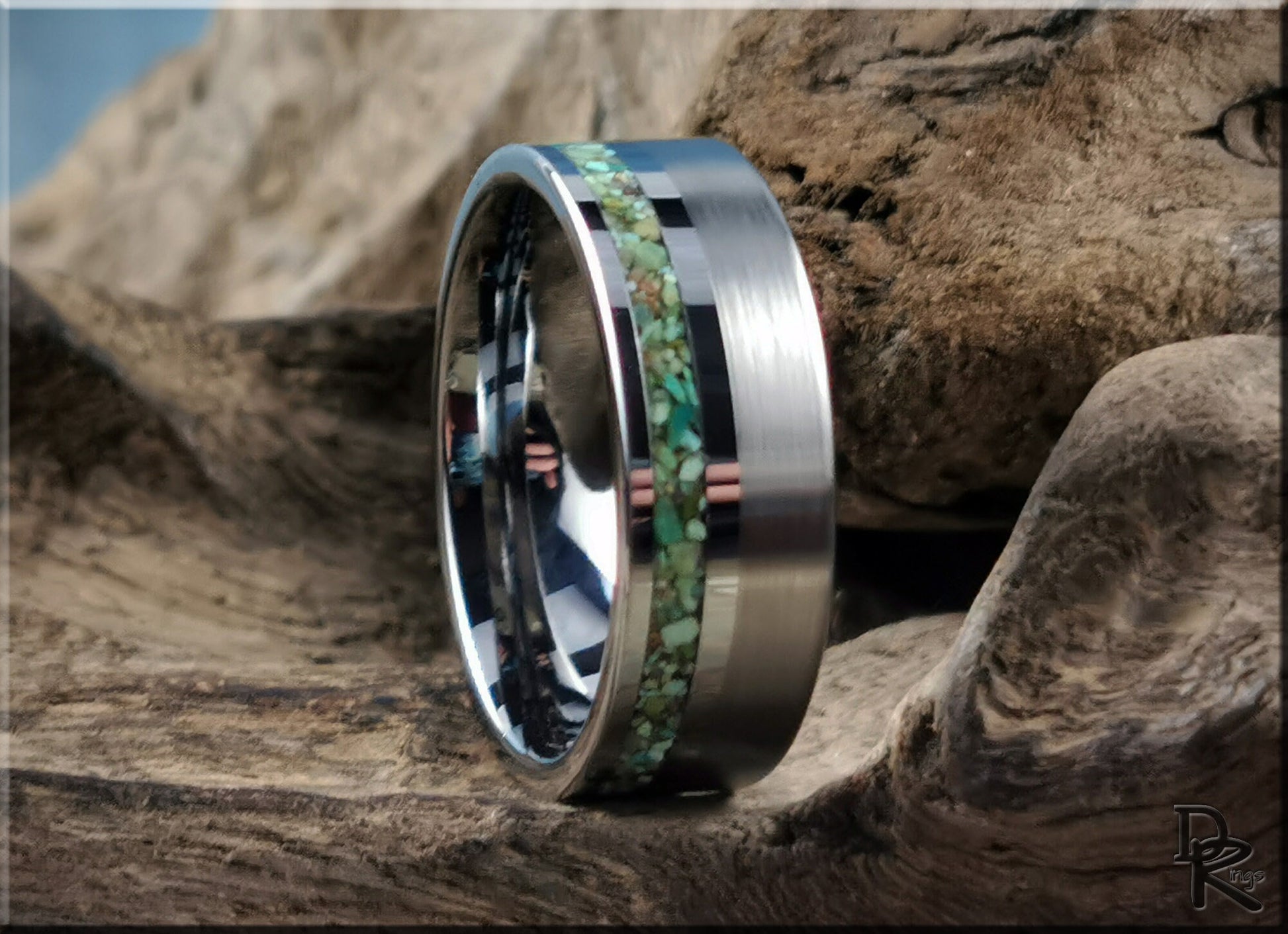 Tungsten Carbide Channel Ring w/offset Green Turquoise stone inlay - metal ring