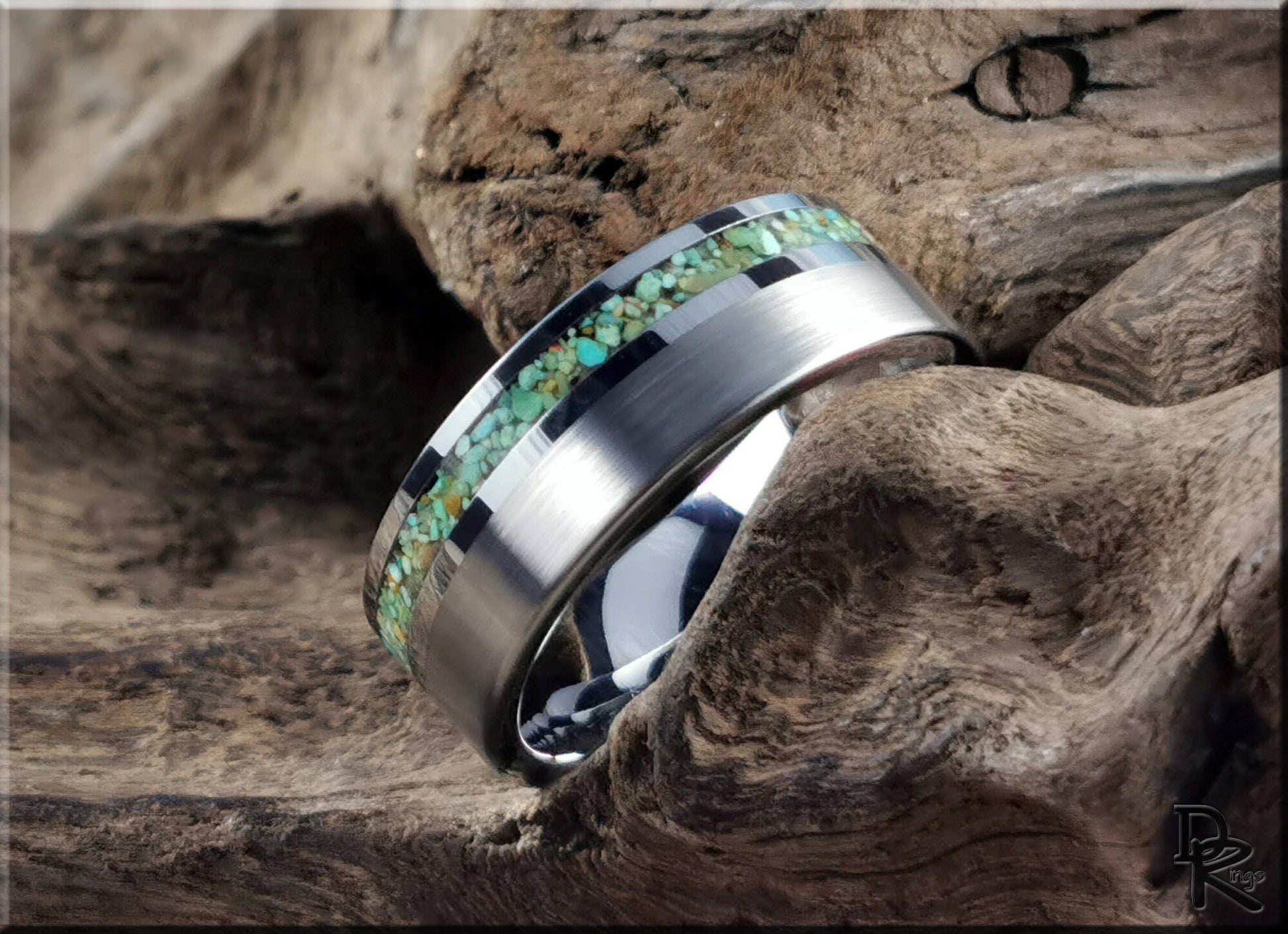 Tungsten Carbide Channel Ring w/offset Green Turquoise stone inlay - metal ring
