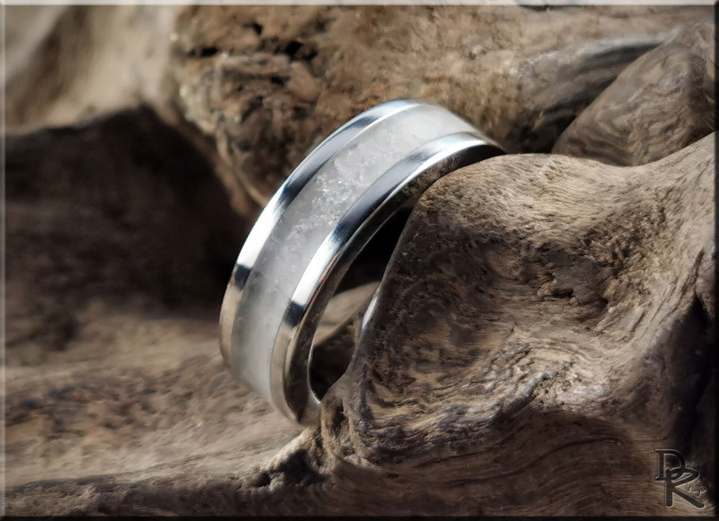 Cobalt Chrome Channel Ring w/Snow German Glass and Glow inlay - glow ring