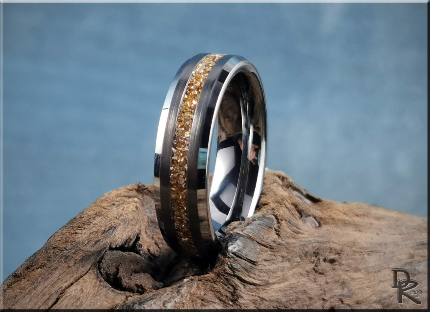 Thin Line Tungsten Carbide Channel Ring w/14 Carat Gold German Glass inlay - metal ring