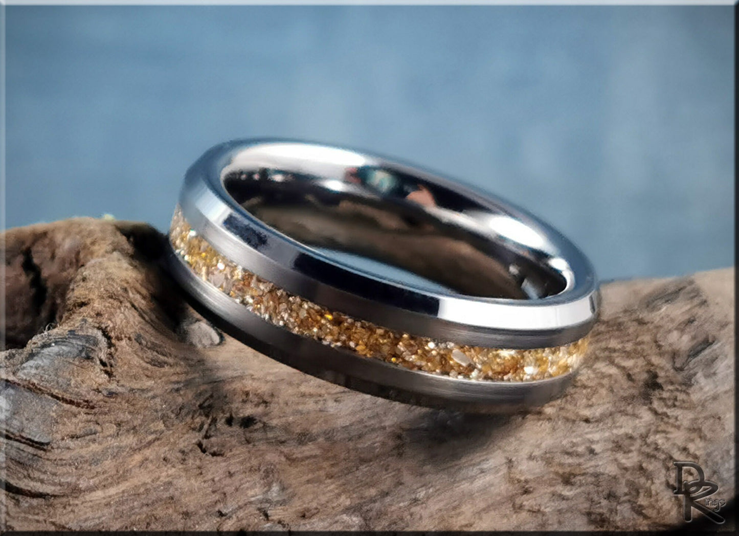 Thin Line Tungsten Carbide Channel Ring w/14 Carat Gold German Glass inlay - metal ring