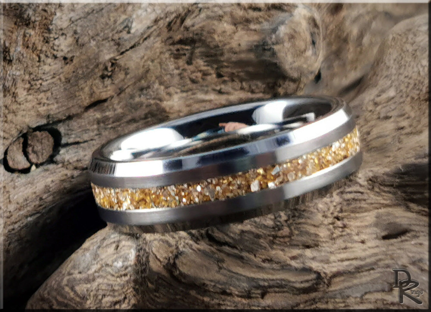 Thin Line Tungsten Carbide Channel Ring w/14 Carat Gold German Glass inlay - metal ring