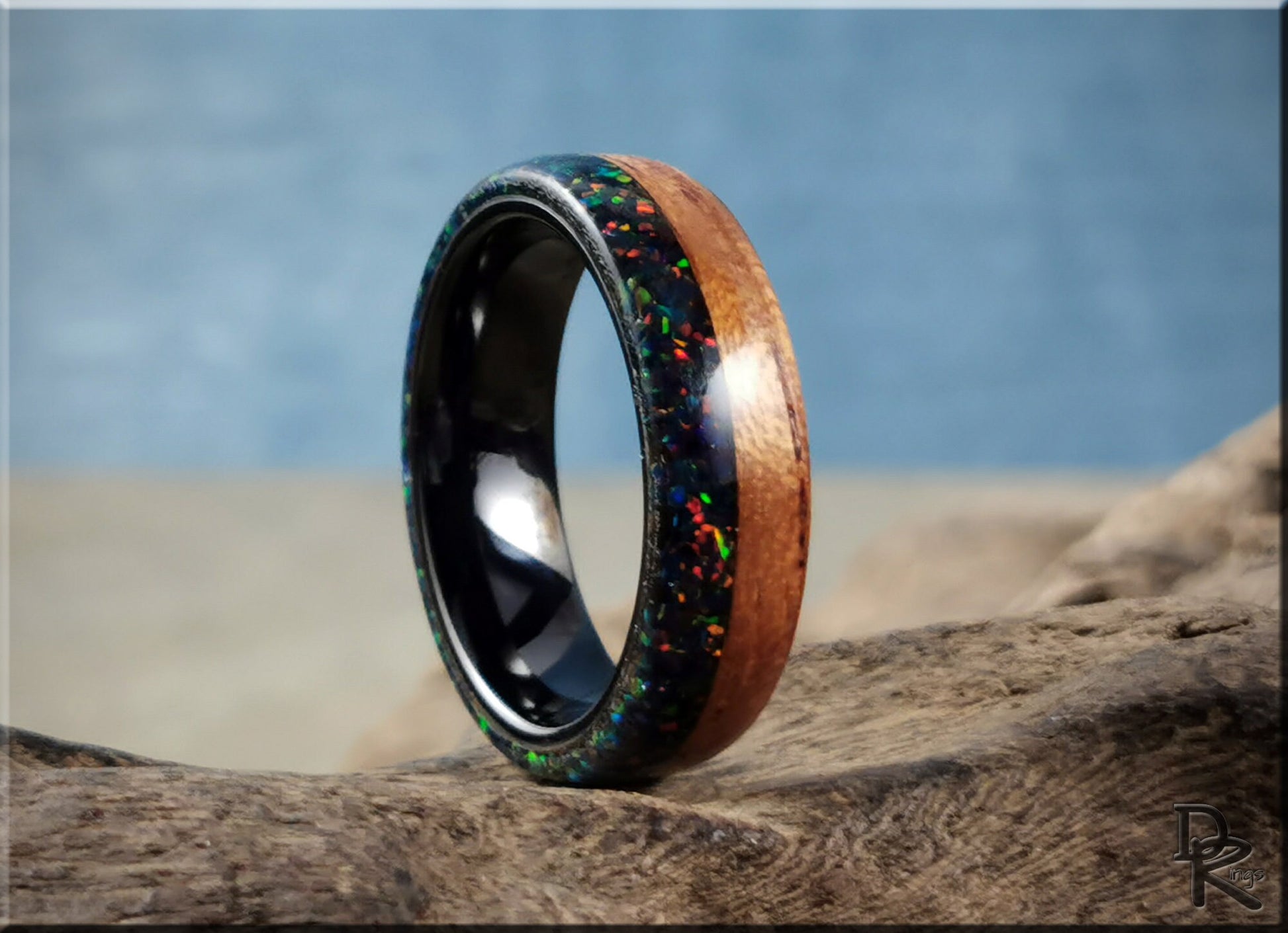 Bentwood Ring - Spanish Cedar w/Live Edge Opal inlay on polished black ceramic ring core - wood ring
