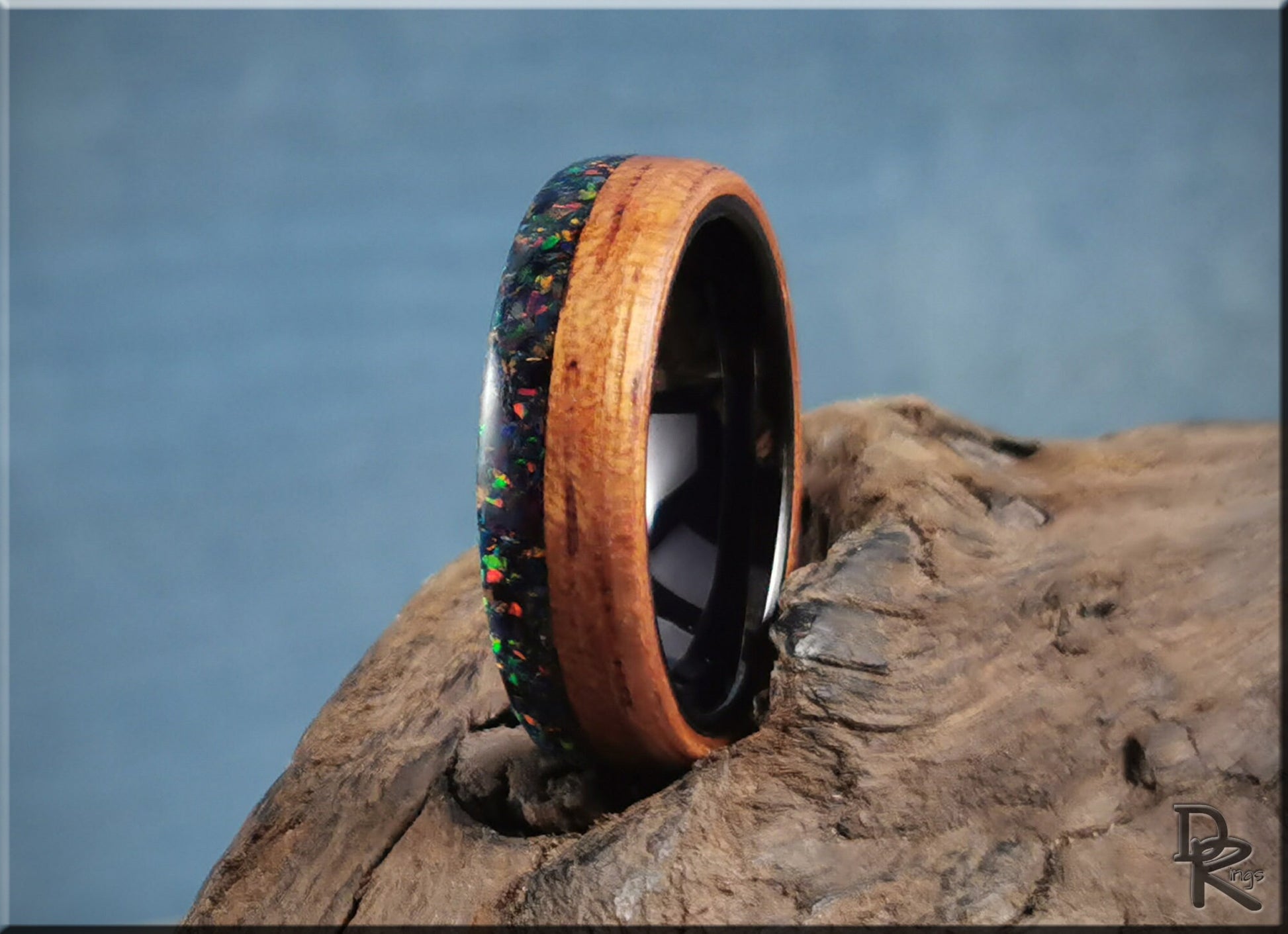 Bentwood Ring - Spanish Cedar w/Live Edge Opal inlay on polished black ceramic ring core - wood ring