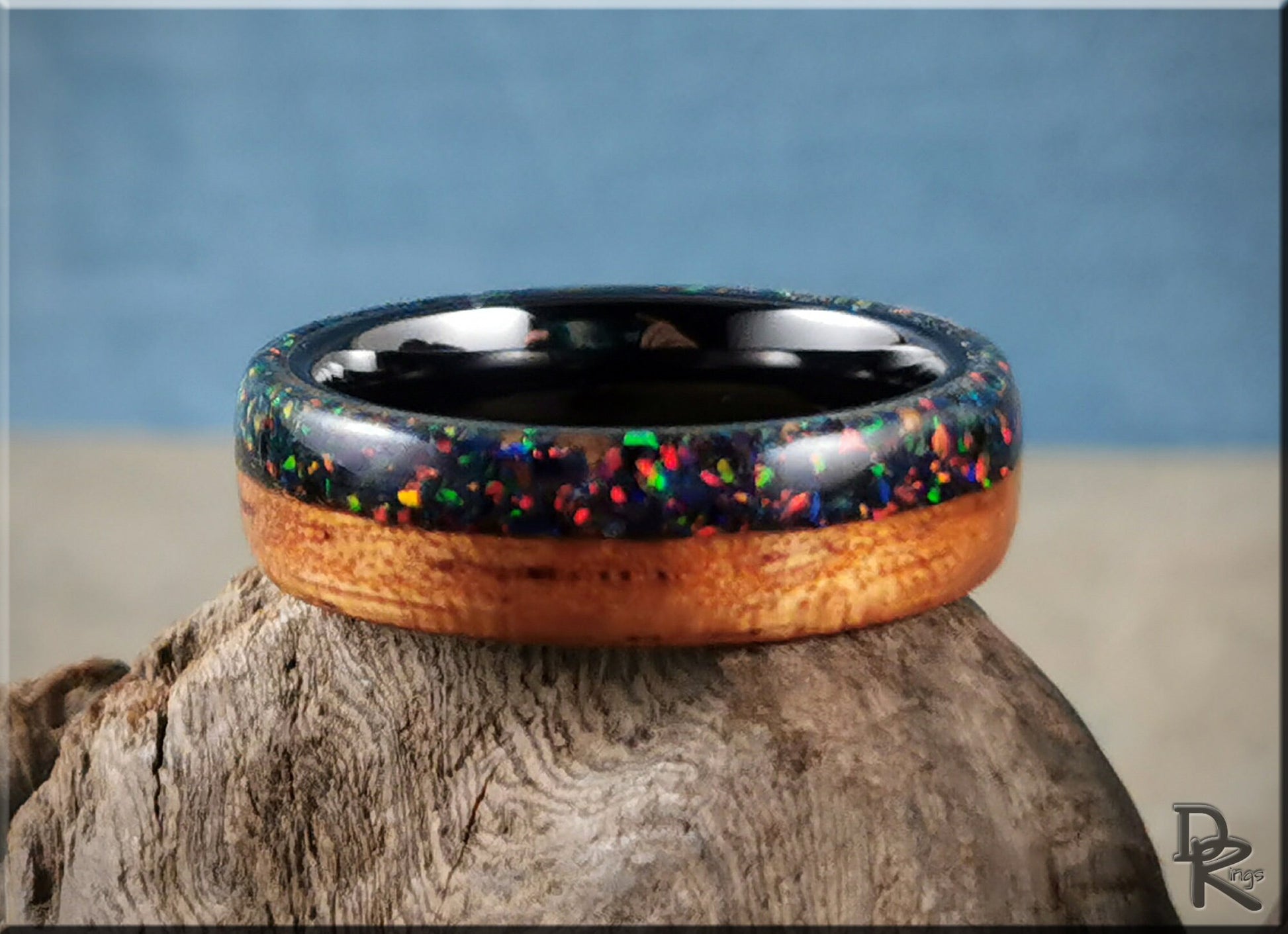 Bentwood Ring - Spanish Cedar w/Live Edge Opal inlay on polished black ceramic ring core - wood ring