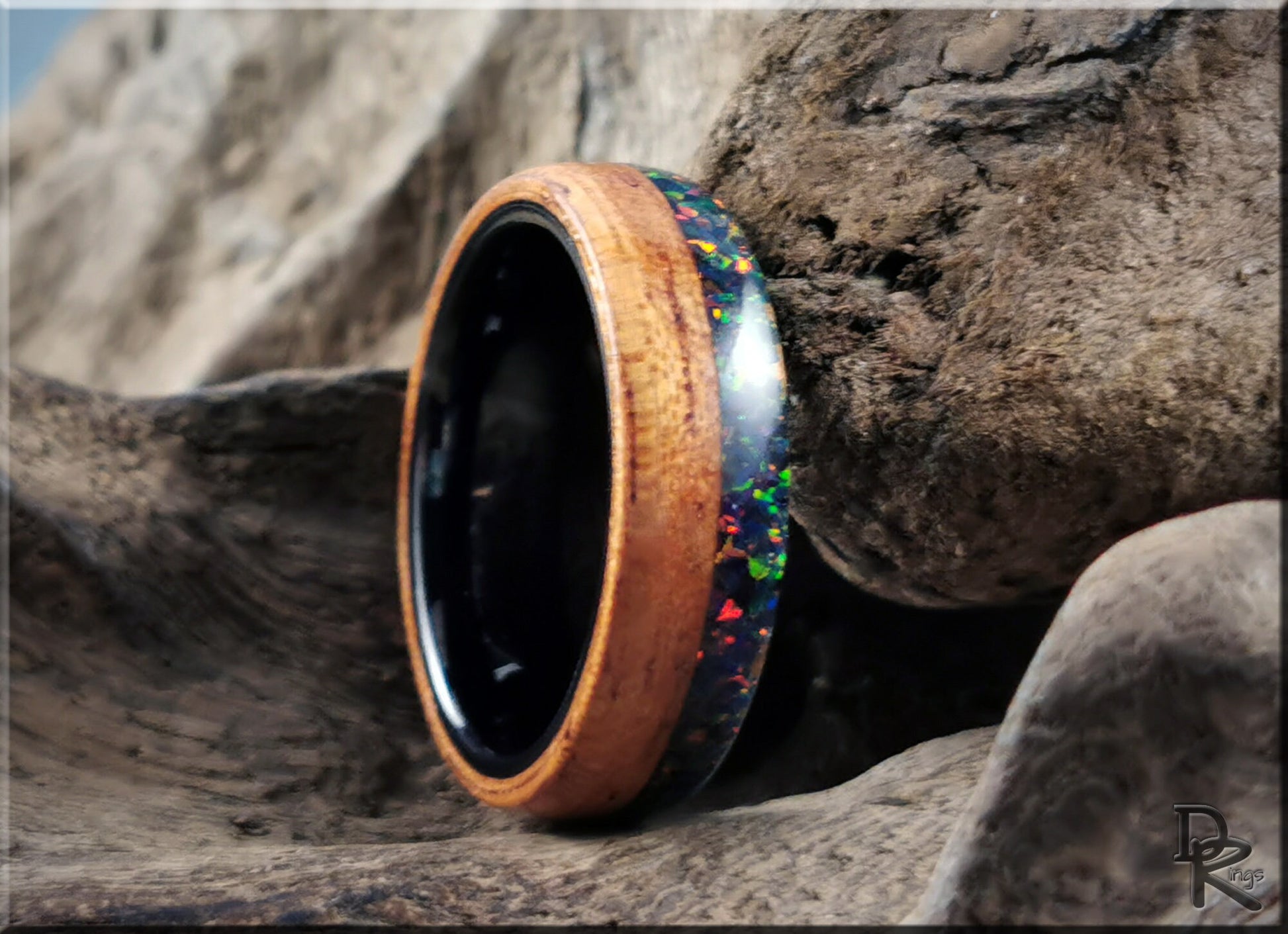 Bentwood Ring - Spanish Cedar w/Live Edge Opal inlay on polished black ceramic ring core - wood ring