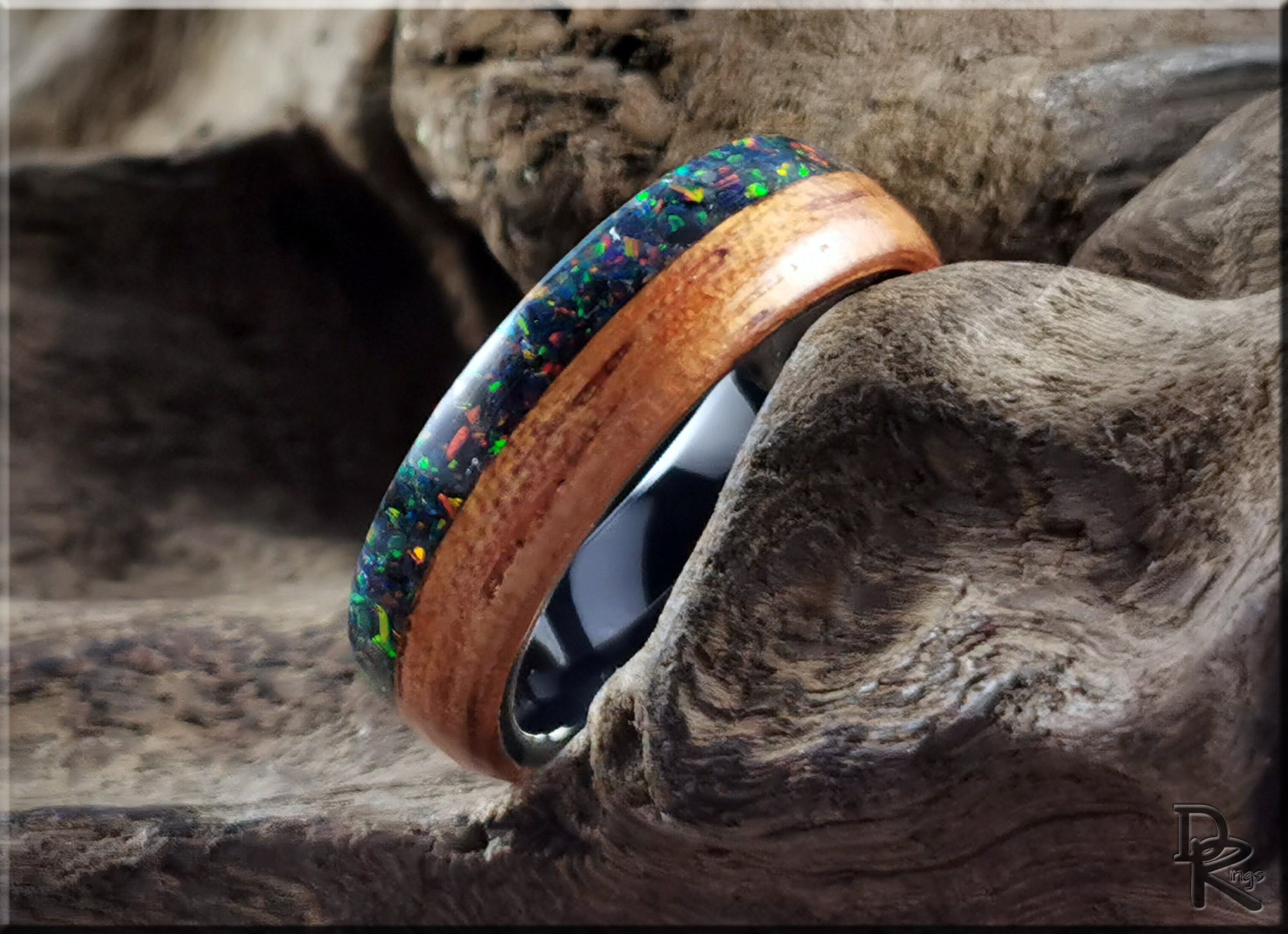 Bentwood Ring - Spanish Cedar w/Live Edge Opal inlay on polished black ceramic ring core - wood ring