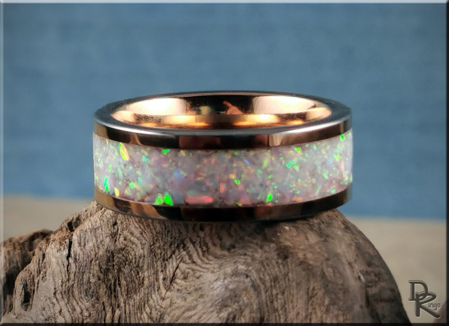 Rose Gold Plated Tungsten Carbide Channel Ring w/Pink Snow Opal and Deep Pink Glow inlay - metal ring