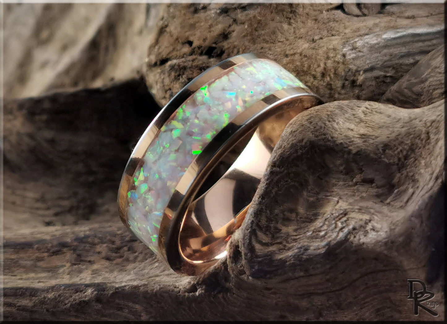 Rose Gold Plated Tungsten Carbide Channel Ring w/Pink Snow Opal and Deep Pink Glow inlay - metal ring