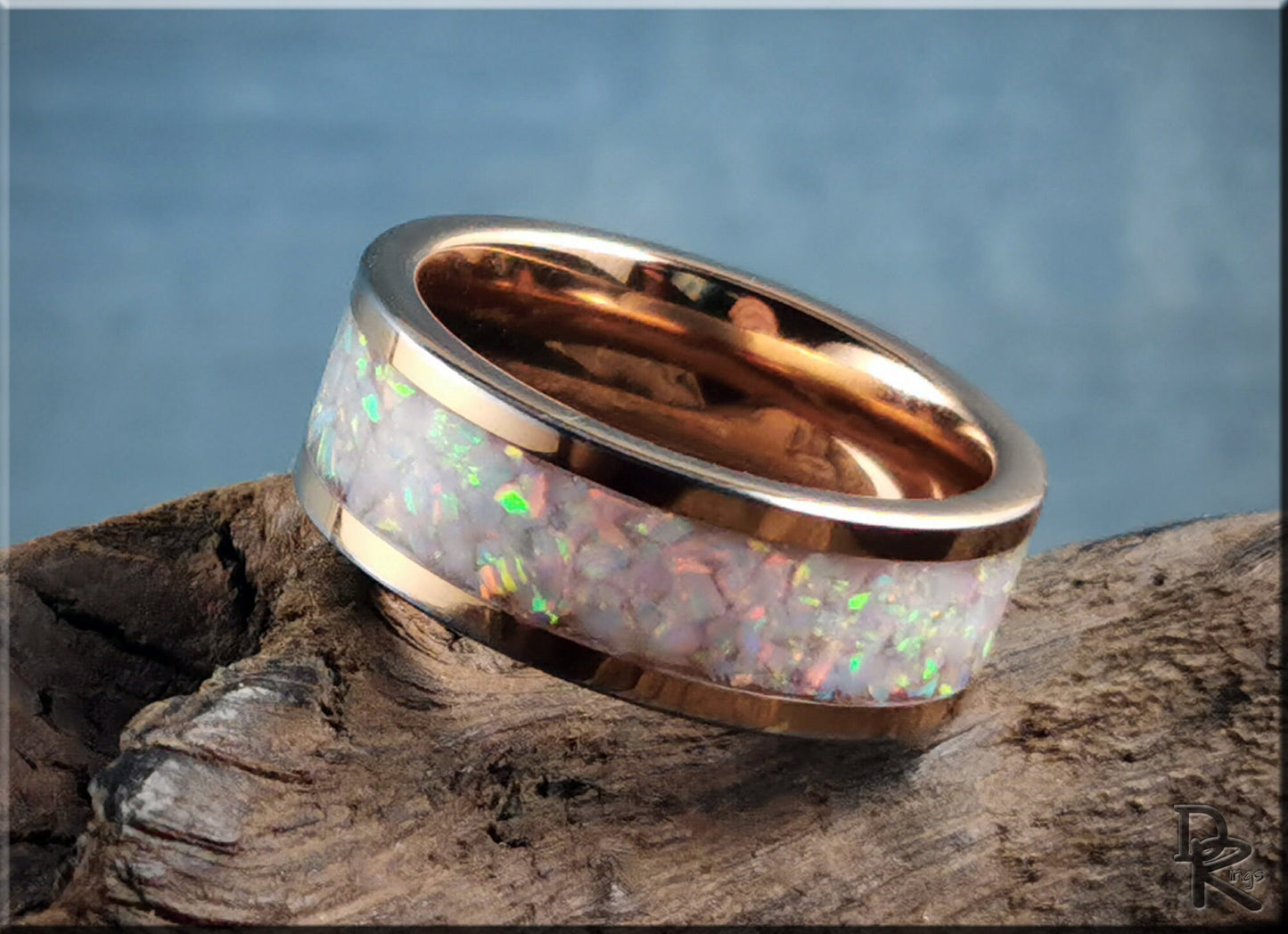 Rose Gold Plated Tungsten Carbide Channel Ring w/Pink Snow Opal and Deep Pink Glow inlay - metal ring
