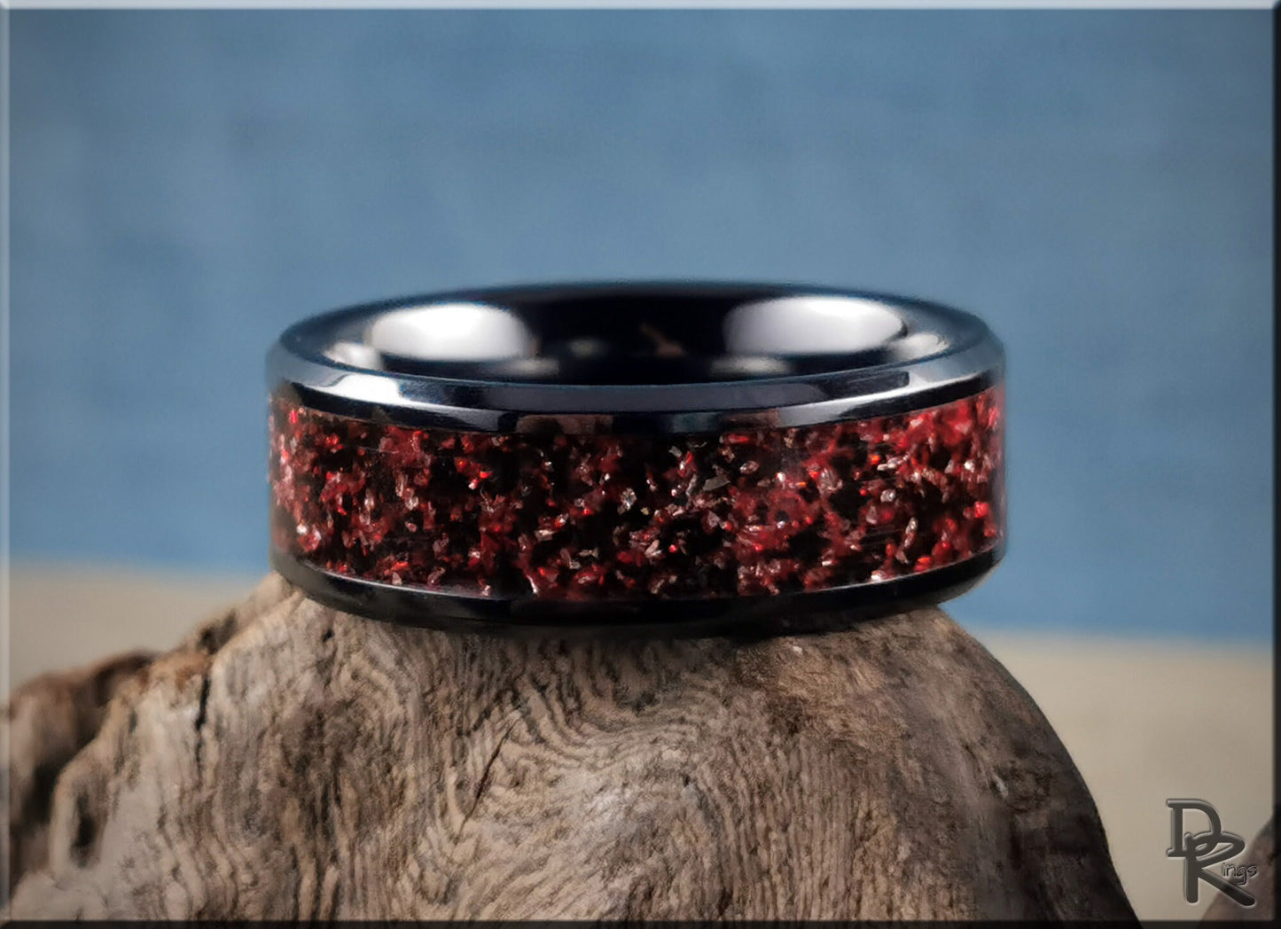 Polished Black Ceramic Channel Ring w/Carbon Red German Glass inlay - ceramic ring