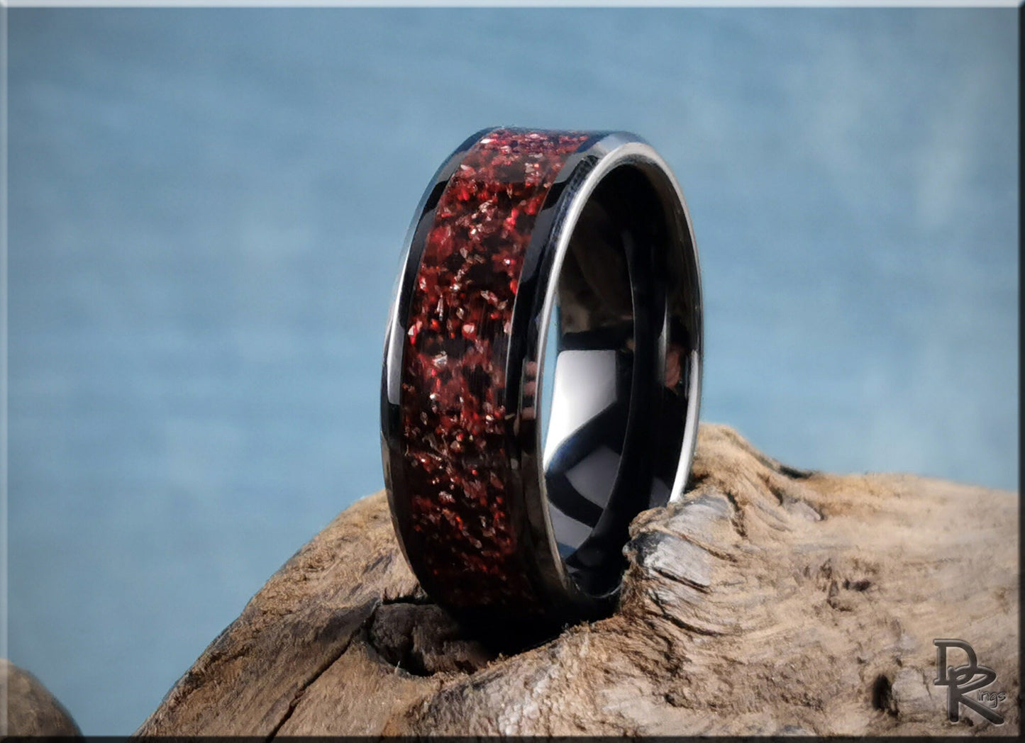 Polished Black Ceramic Channel Ring w/Carbon Red German Glass inlay - ceramic ring