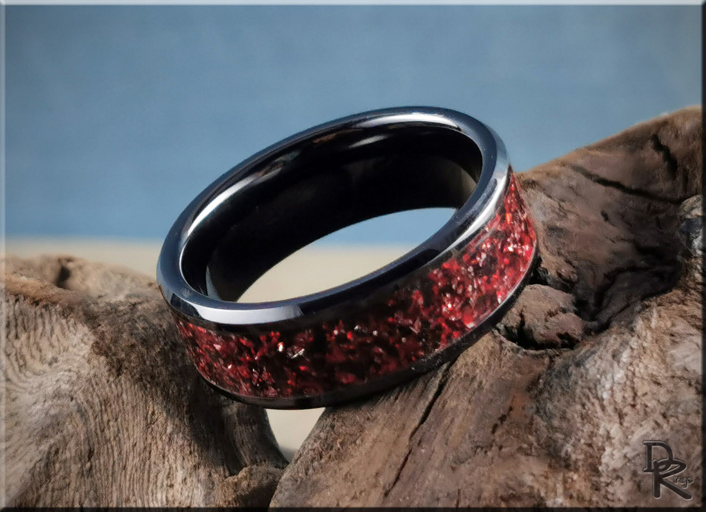 Polished Black Ceramic Channel Ring w/Carbon Red German Glass inlay - ceramic ring