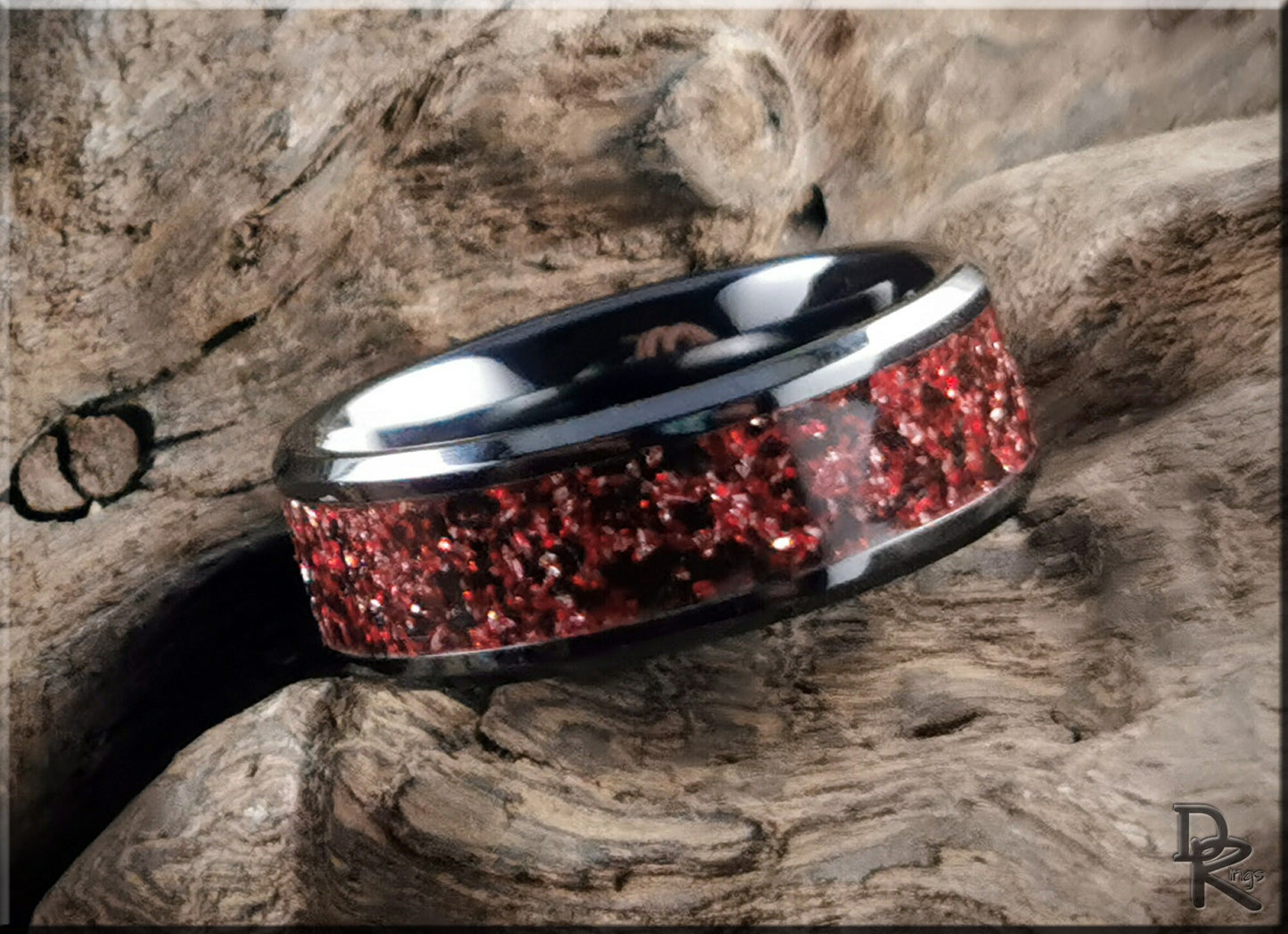 Polished Black Ceramic Channel Ring w/Carbon Red German Glass inlay - ceramic ring
