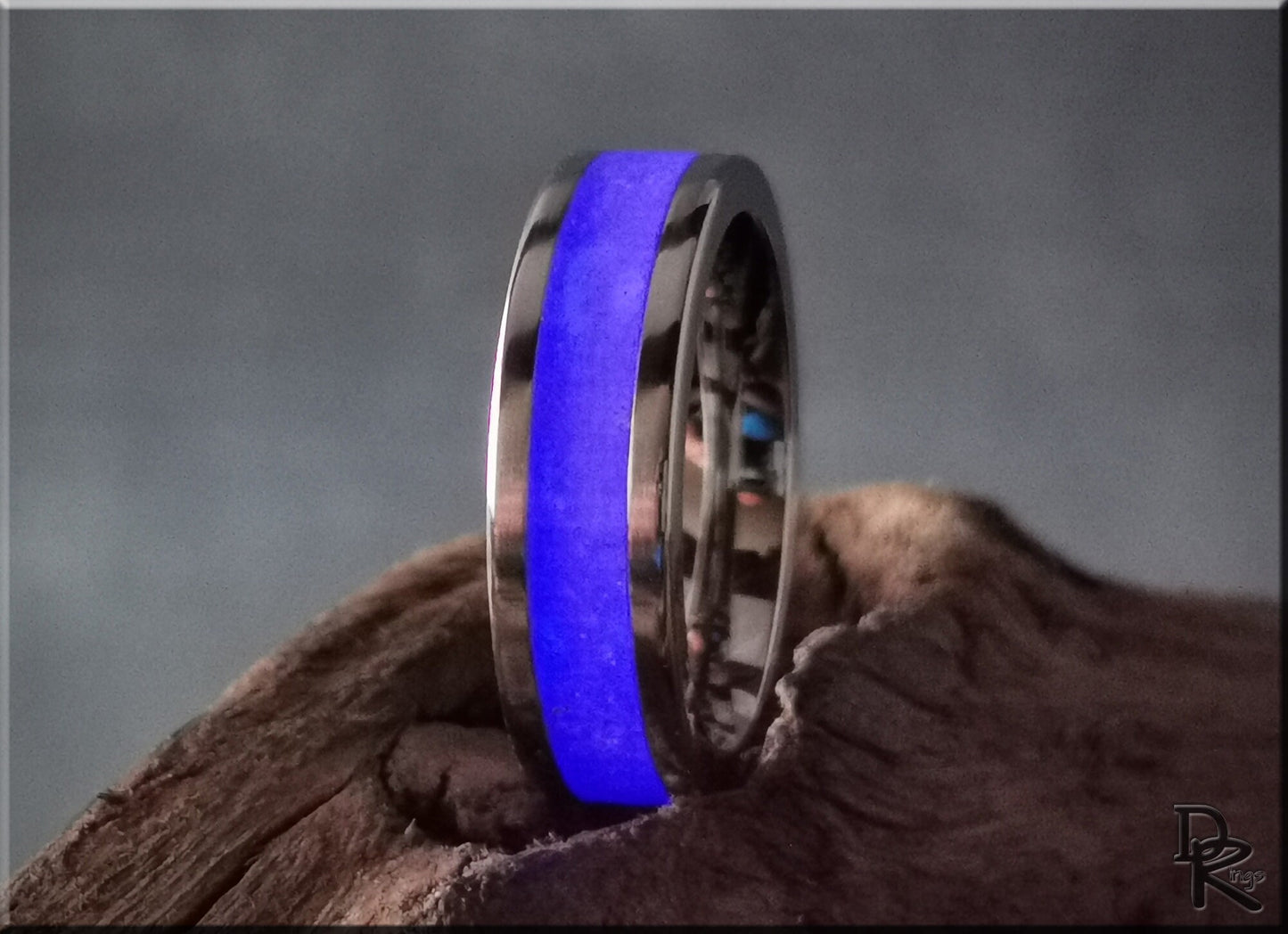 Cobalt Chrome Channel Ring w/Snow German Glass and Glow inlay - glow ring
