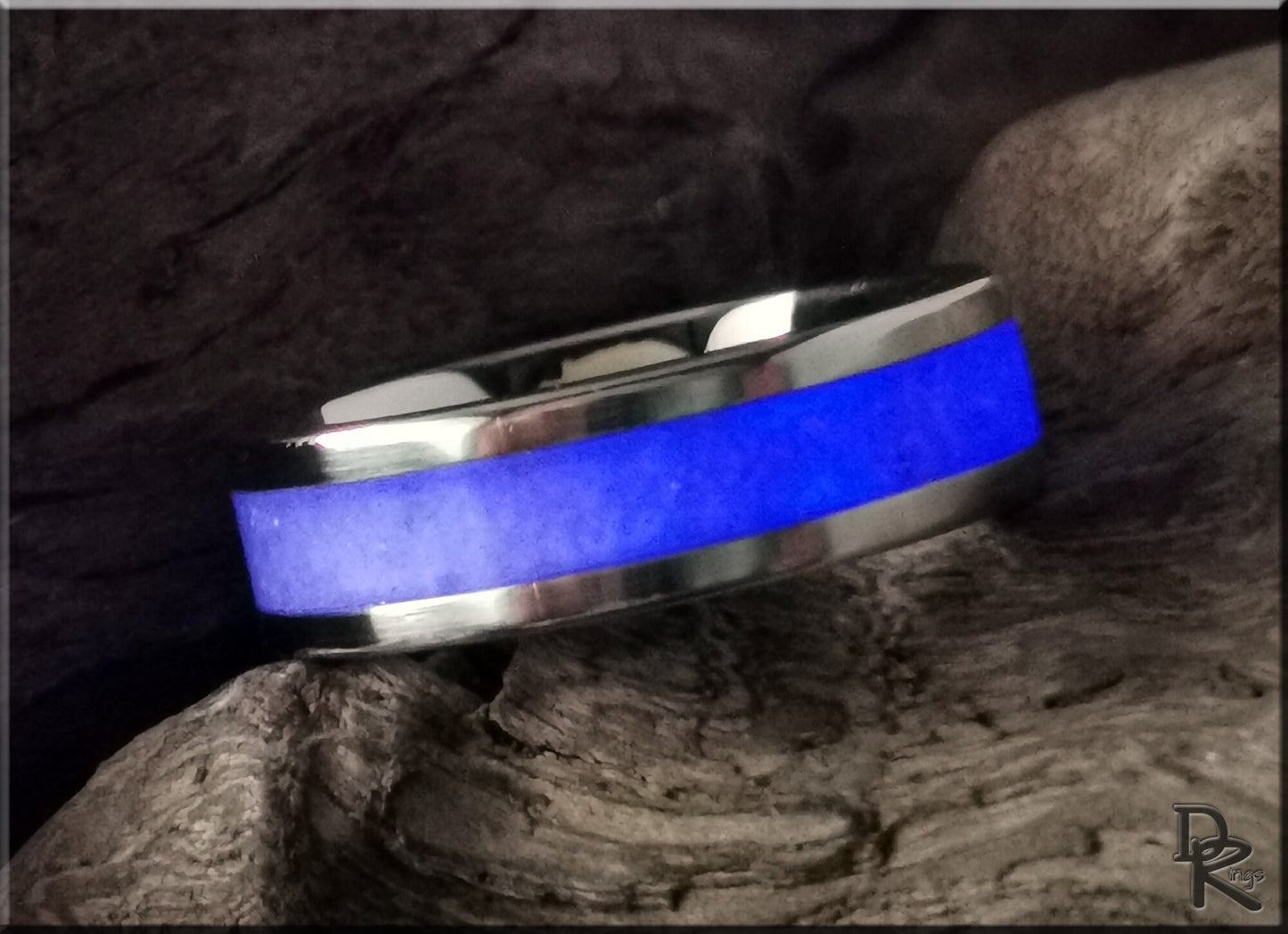 Cobalt Chrome Channel Ring w/Snow German Glass and Glow inlay - glow ring