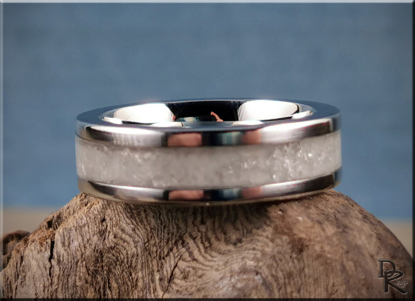 Cobalt Chrome Channel Ring w/Snow German Glass and Glow inlay - glow ring