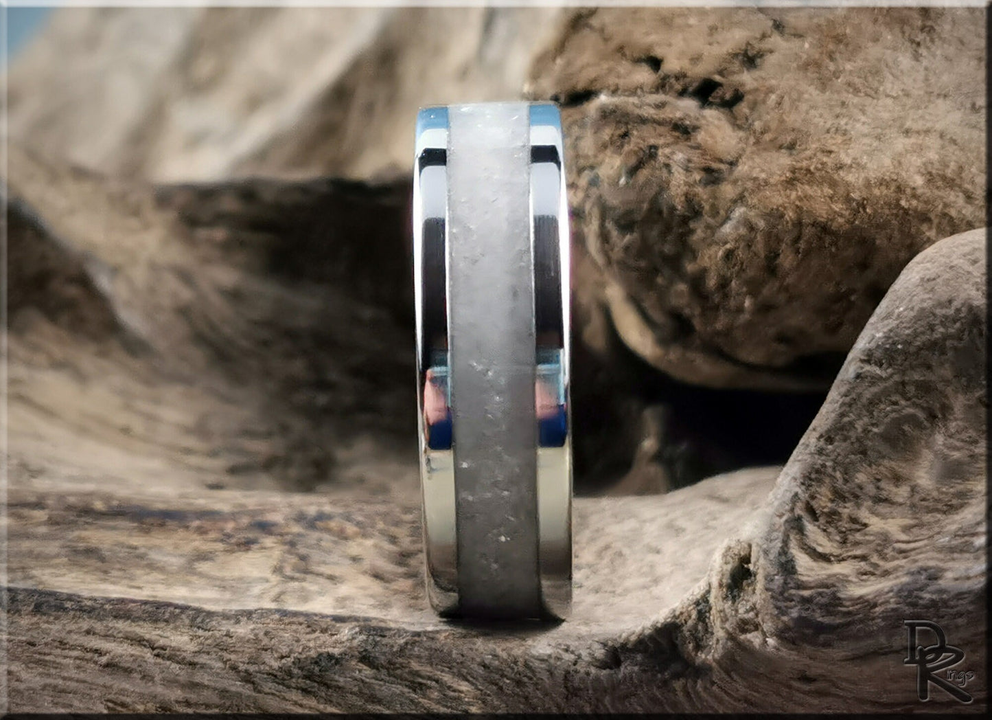 Cobalt Chrome Channel Ring w/Snow German Glass and Glow inlay - glow ring