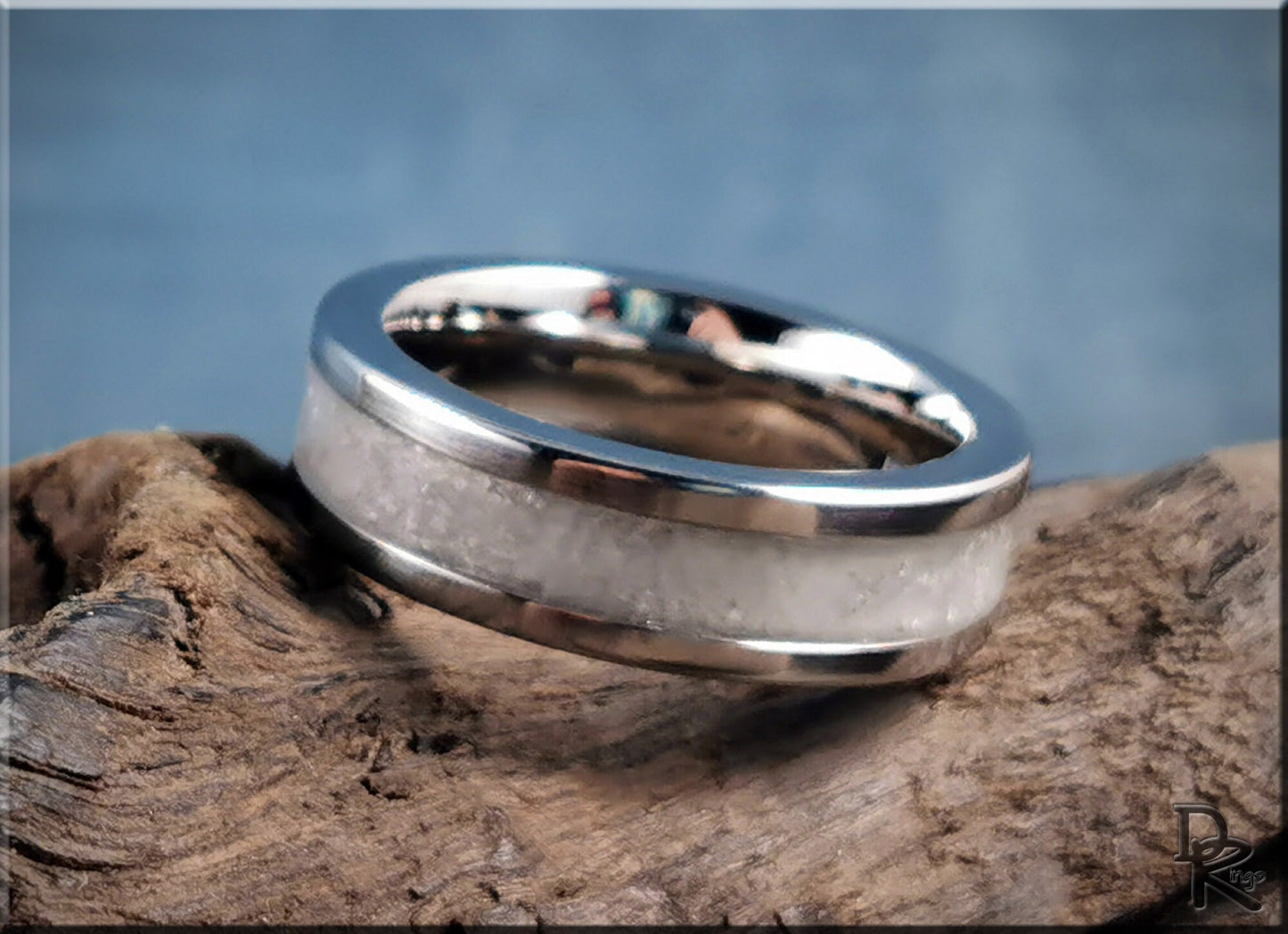 Cobalt Chrome Channel Ring w/Snow German Glass and Glow inlay - glow ring