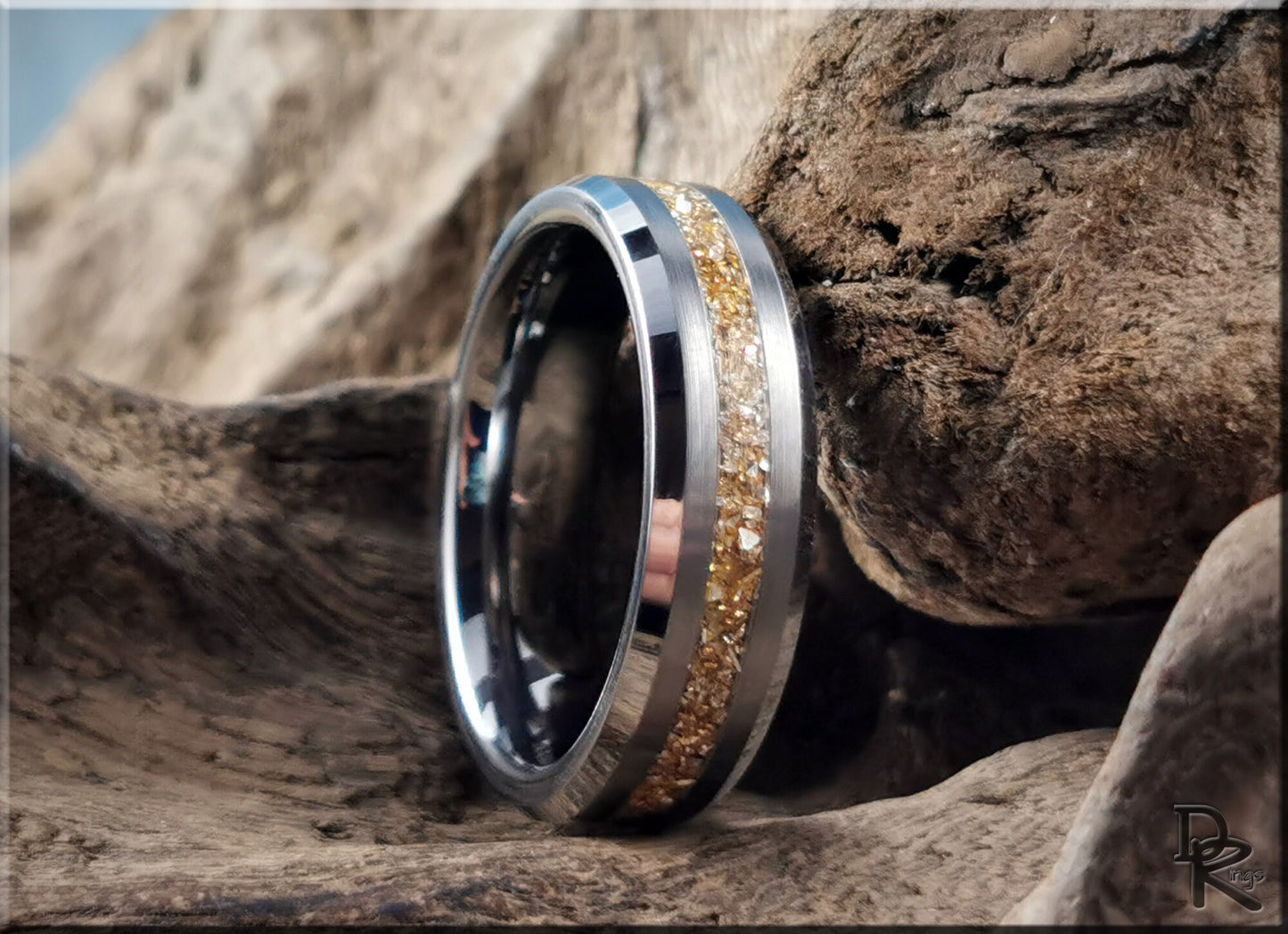 Thin Line Tungsten Carbide Channel Ring w/14 Carat Gold German Glass inlay - metal ring