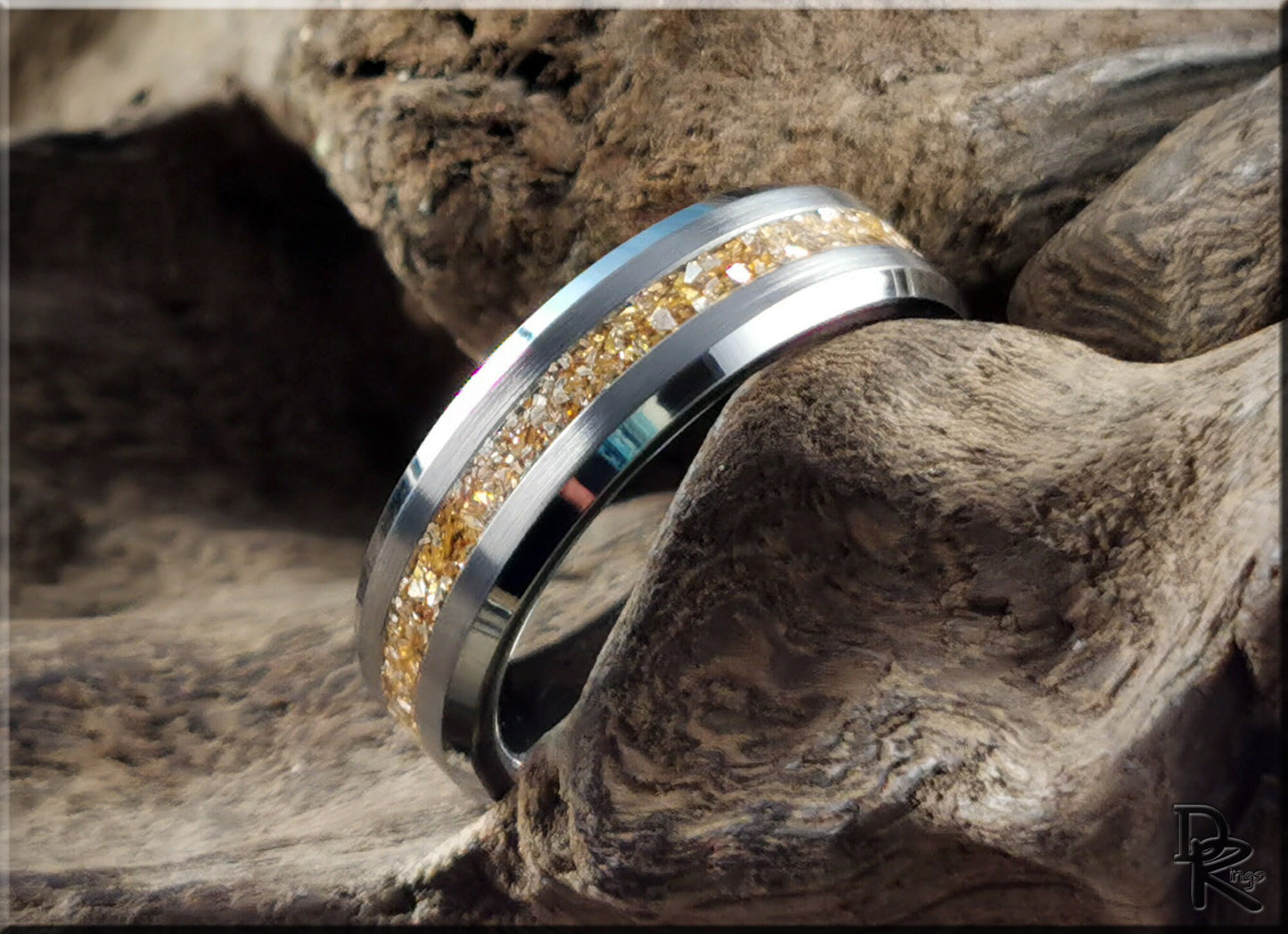 Thin Line Tungsten Carbide Channel Ring w/14 Carat Gold German Glass inlay - metal ring