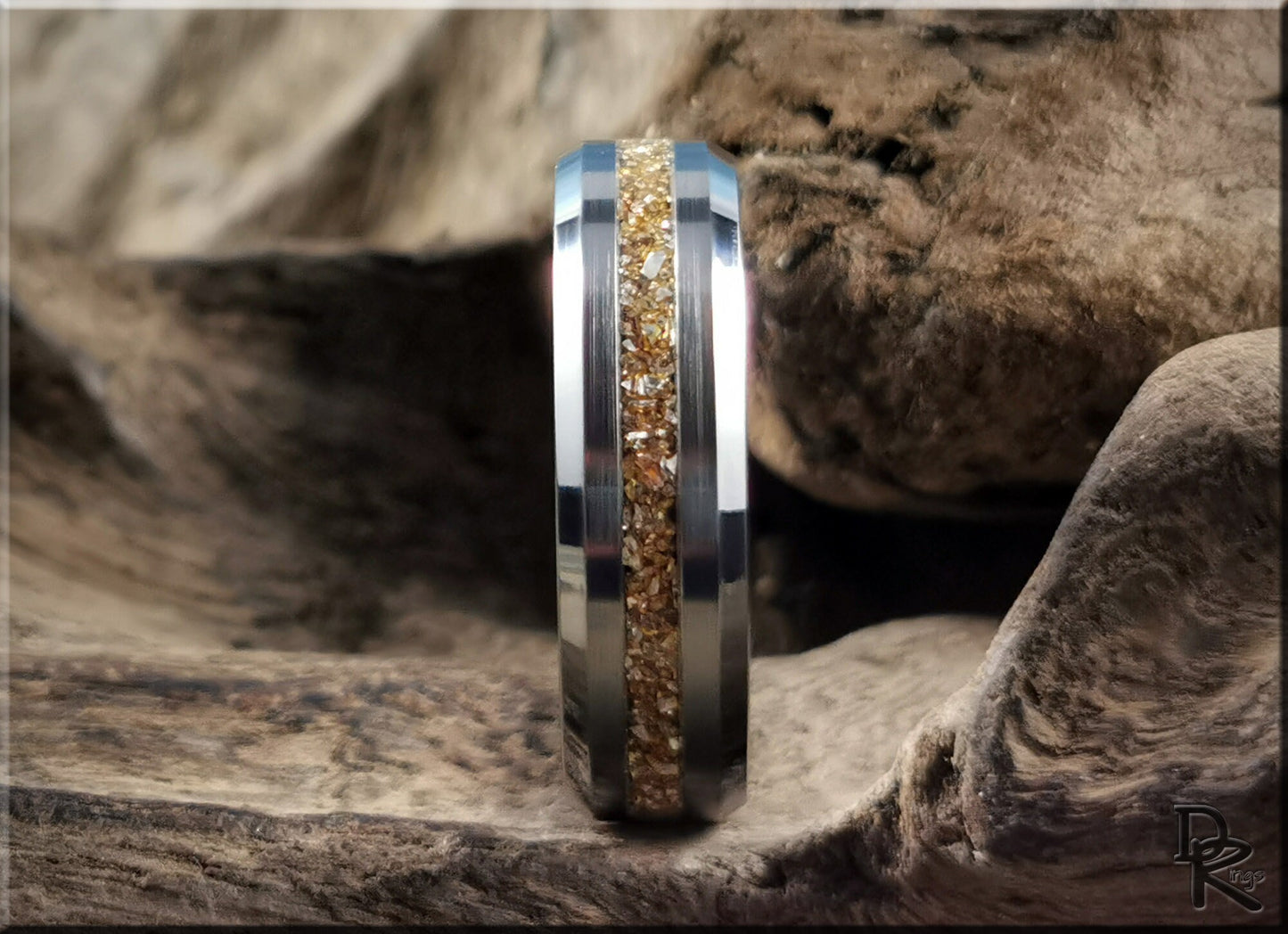 Thin Line Tungsten Carbide Channel Ring w/14 Carat Gold German Glass inlay - metal ring