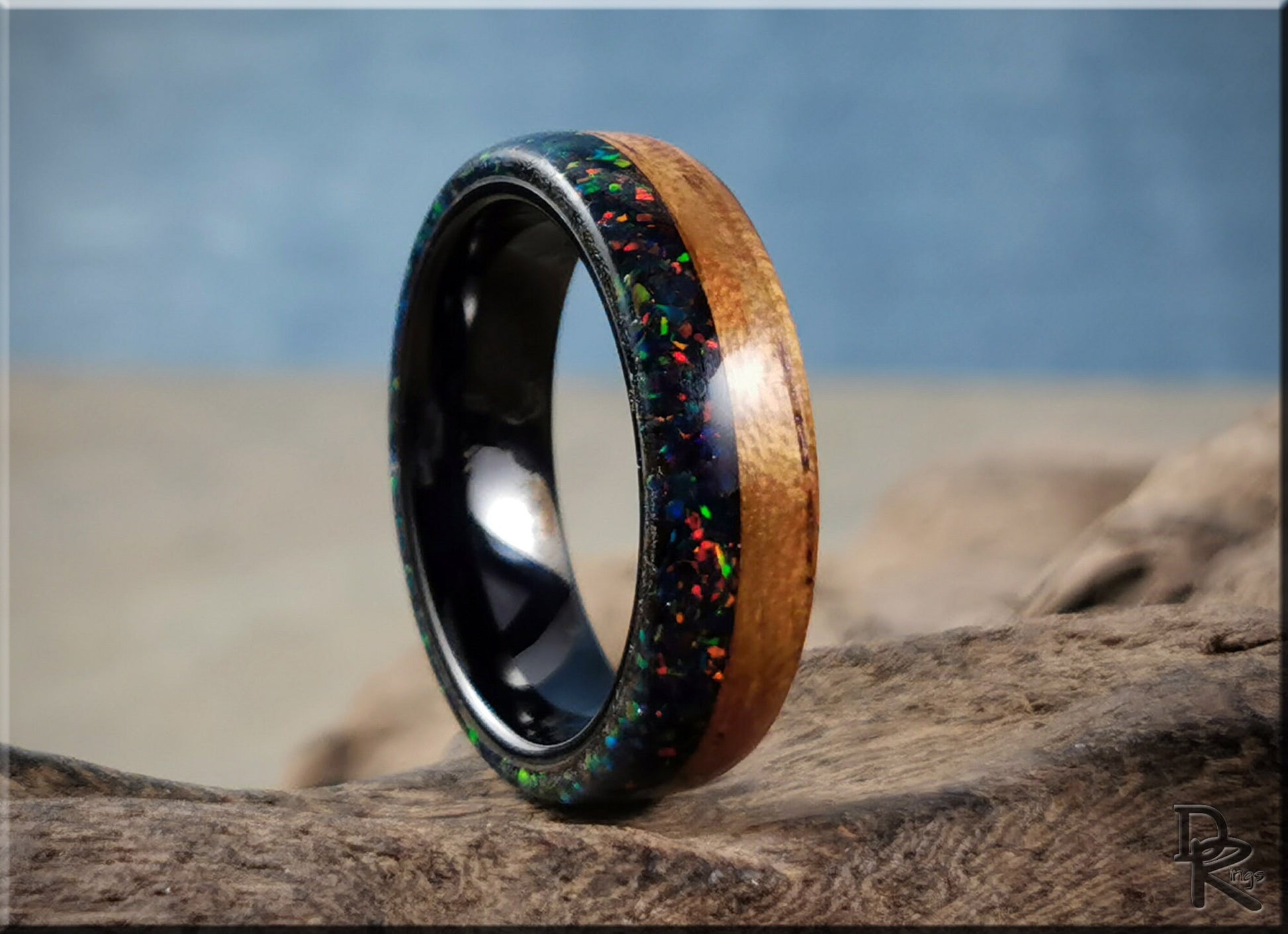 Bentwood Ring - Spanish Cedar w/Live Edge Opal inlay on polished black ceramic ring core - wood ring