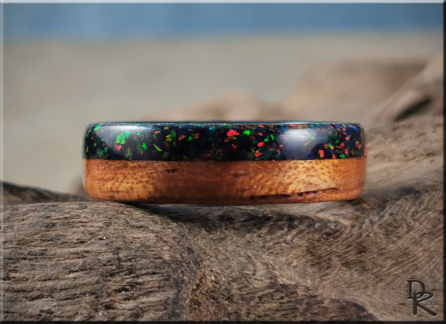 Bentwood Ring - Spanish Cedar w/Live Edge Opal inlay on polished black ceramic ring core - wood ring