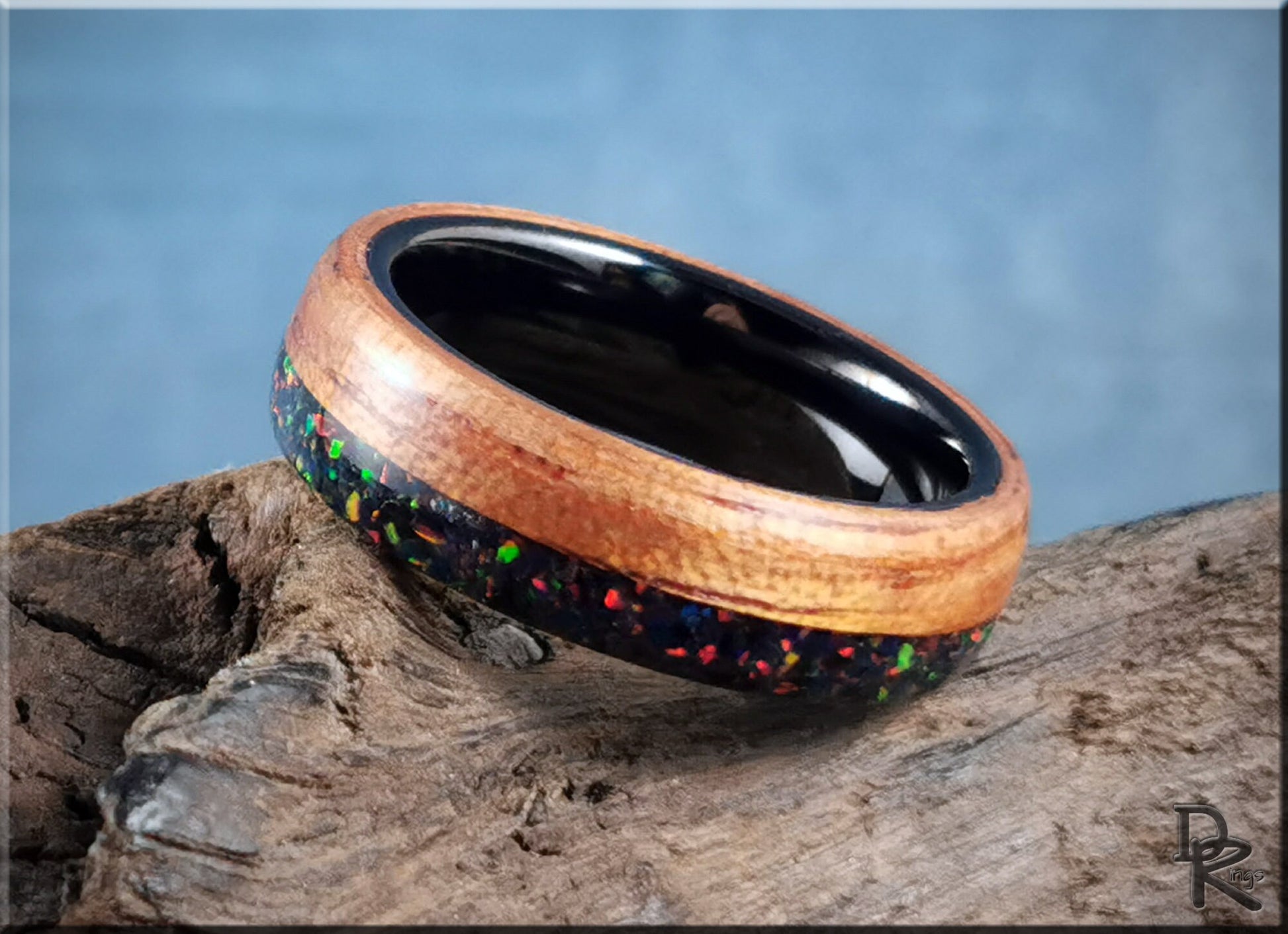 Bentwood Ring - Spanish Cedar w/Live Edge Opal inlay on polished black ceramic ring core - wood ring