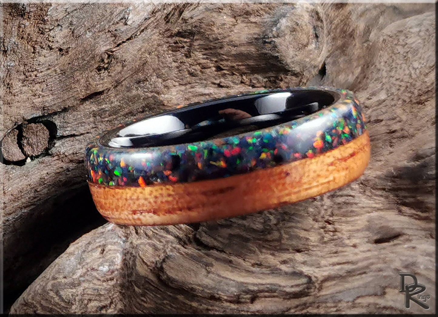 Bentwood Ring - Spanish Cedar w/Live Edge Opal inlay on polished black ceramic ring core - wood ring