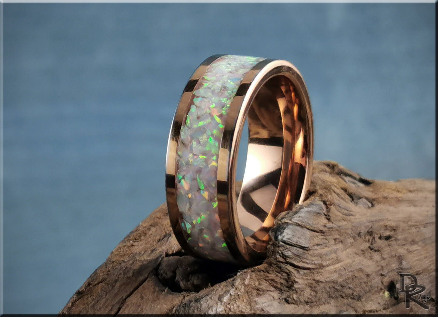 Rose Gold Plated Tungsten Carbide Channel Ring w/Pink Snow Opal and Deep Pink Glow inlay - metal ring