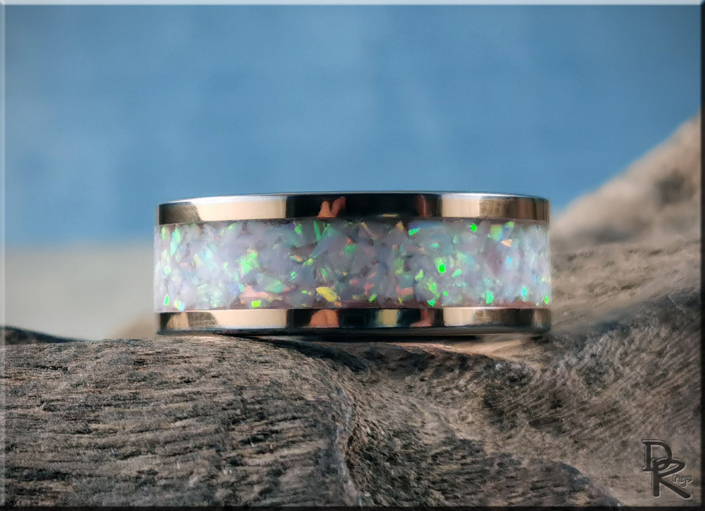 Rose Gold Plated Tungsten Carbide Channel Ring w/Pink Snow Opal and Deep Pink Glow inlay - metal ring