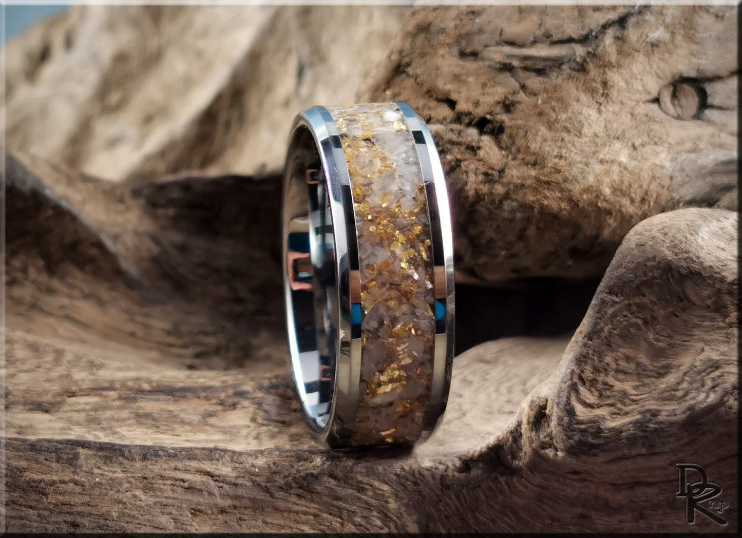 Tungsten Carbide Channel Ring w/Rainbow Moonstone and 14ct Gold German Glass inlay - metal ring