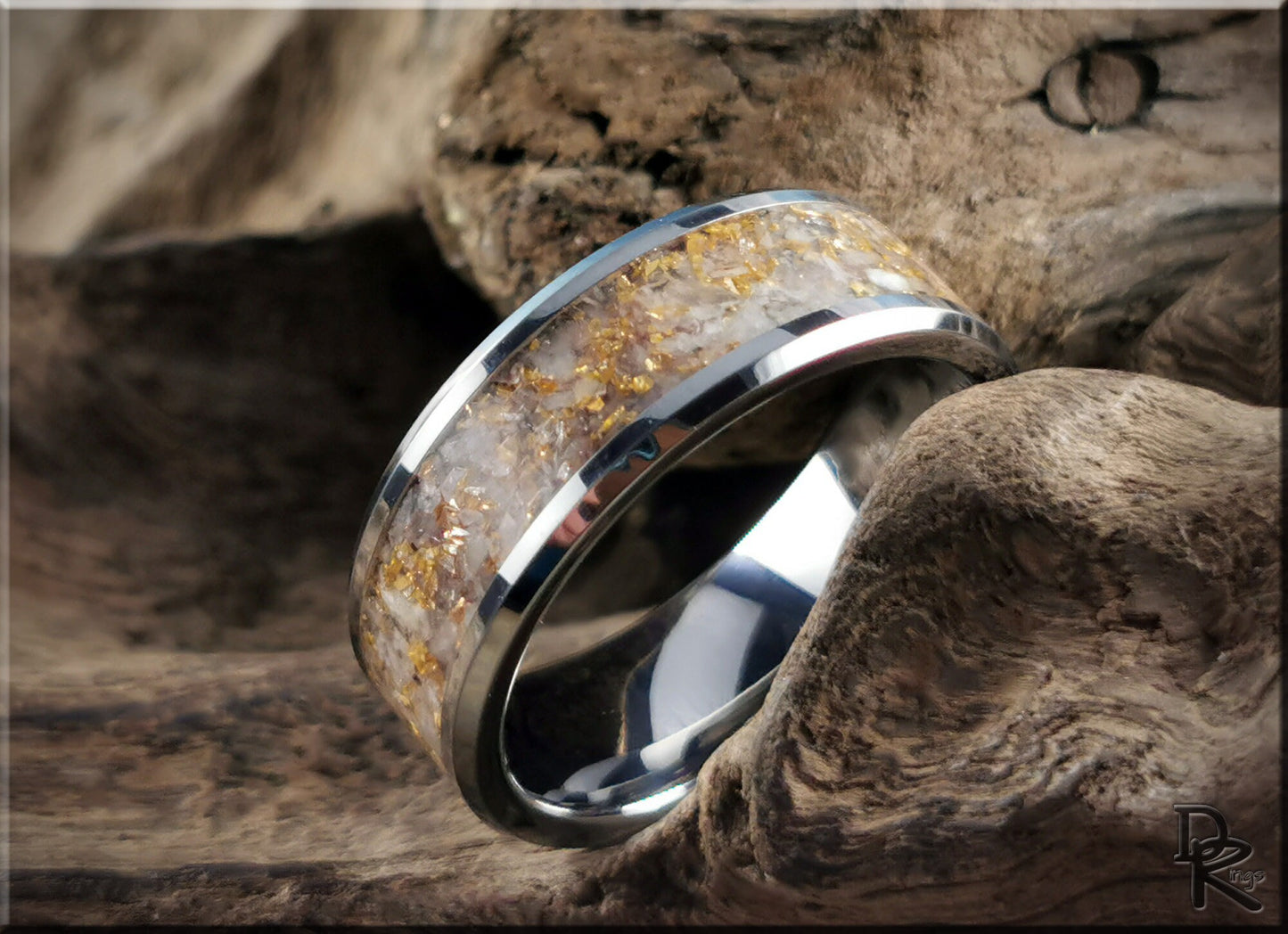 Tungsten Carbide Channel Ring w/Rainbow Moonstone and 14ct Gold German Glass inlay - metal ring