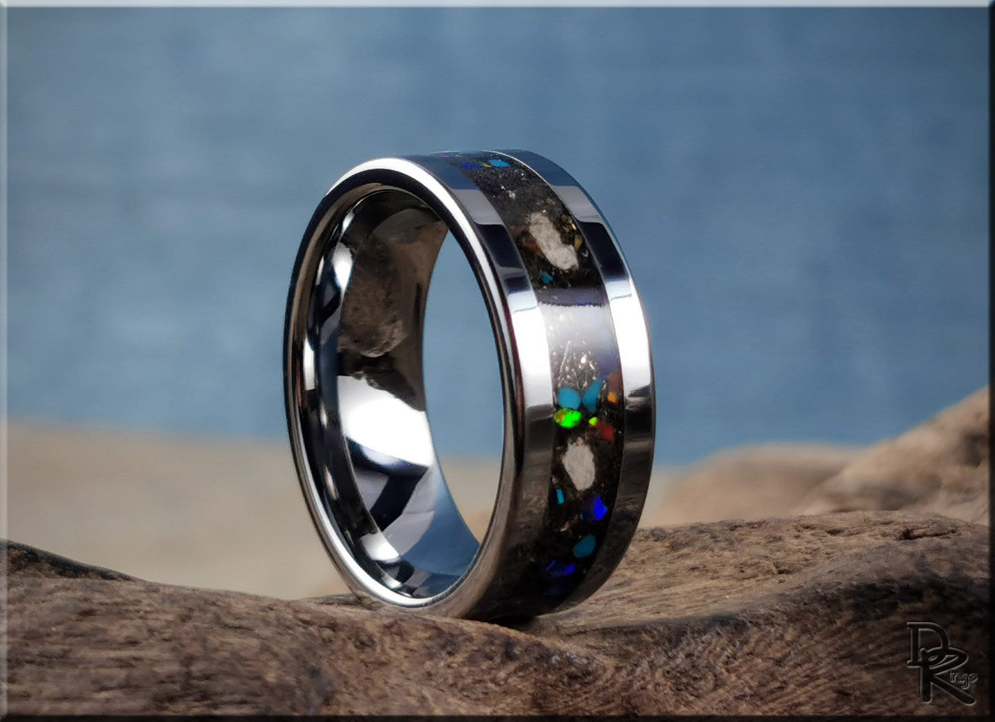 Tungsten Carbide Channel Ring w/Meteorite, Dinosaur bone, blended stone, and orange glow inlay - metal ring