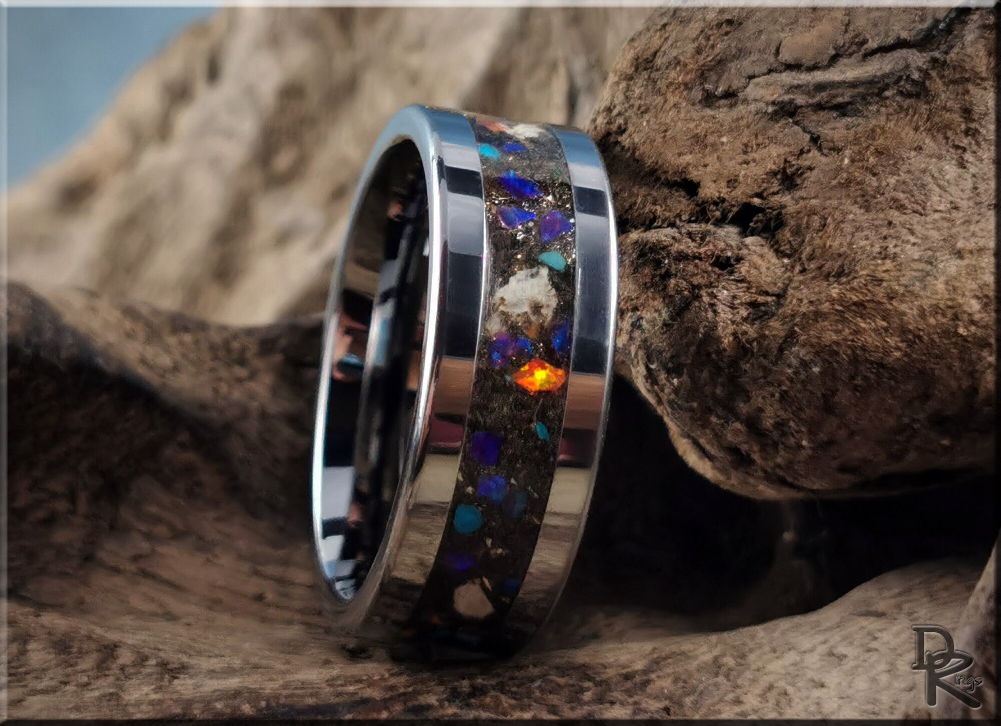 Tungsten Carbide Channel Ring w/Meteorite, Dinosaur bone, blended stone, and orange glow inlay - metal ring