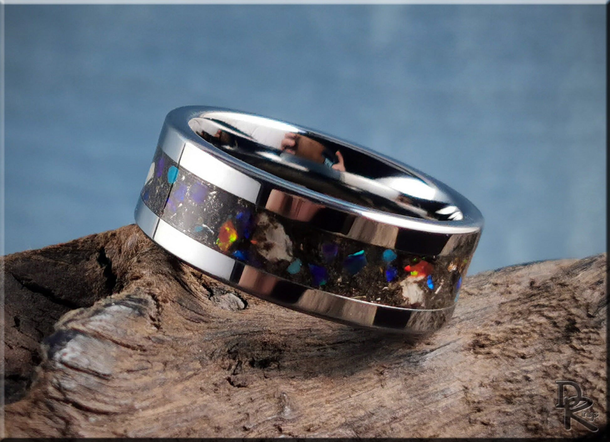 Tungsten Carbide Channel Ring w/Meteorite, Dinosaur bone, blended stone, and orange glow inlay - metal ring
